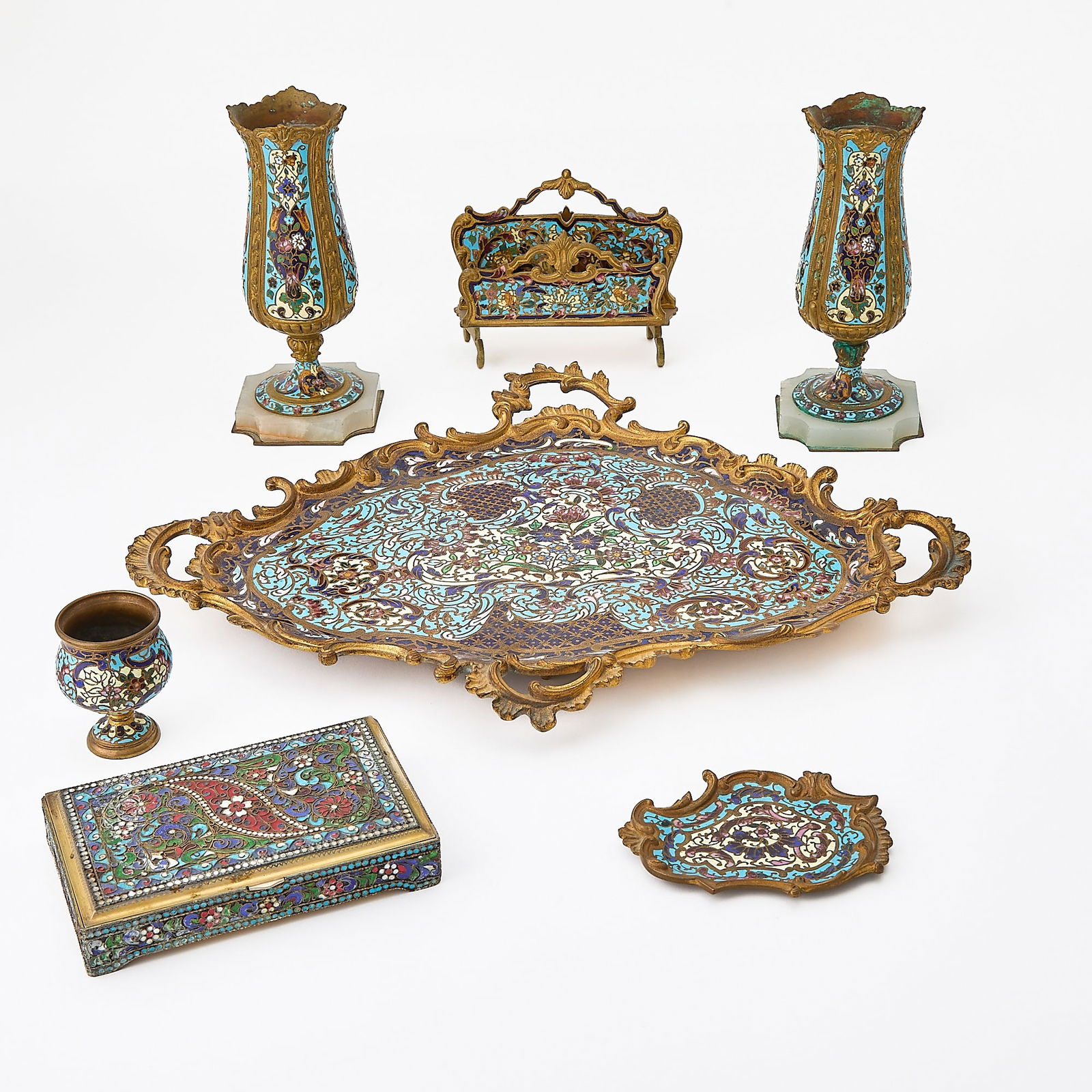 Group of Seven French Cloisonné and Champlevé Decorated Table Articles: Width of dish 16 inches.