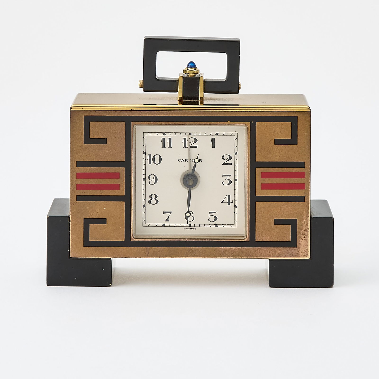 Cartier Enamel Desk Clock: Height over handle 3 1/2 inches, length 4 1/8 inches.