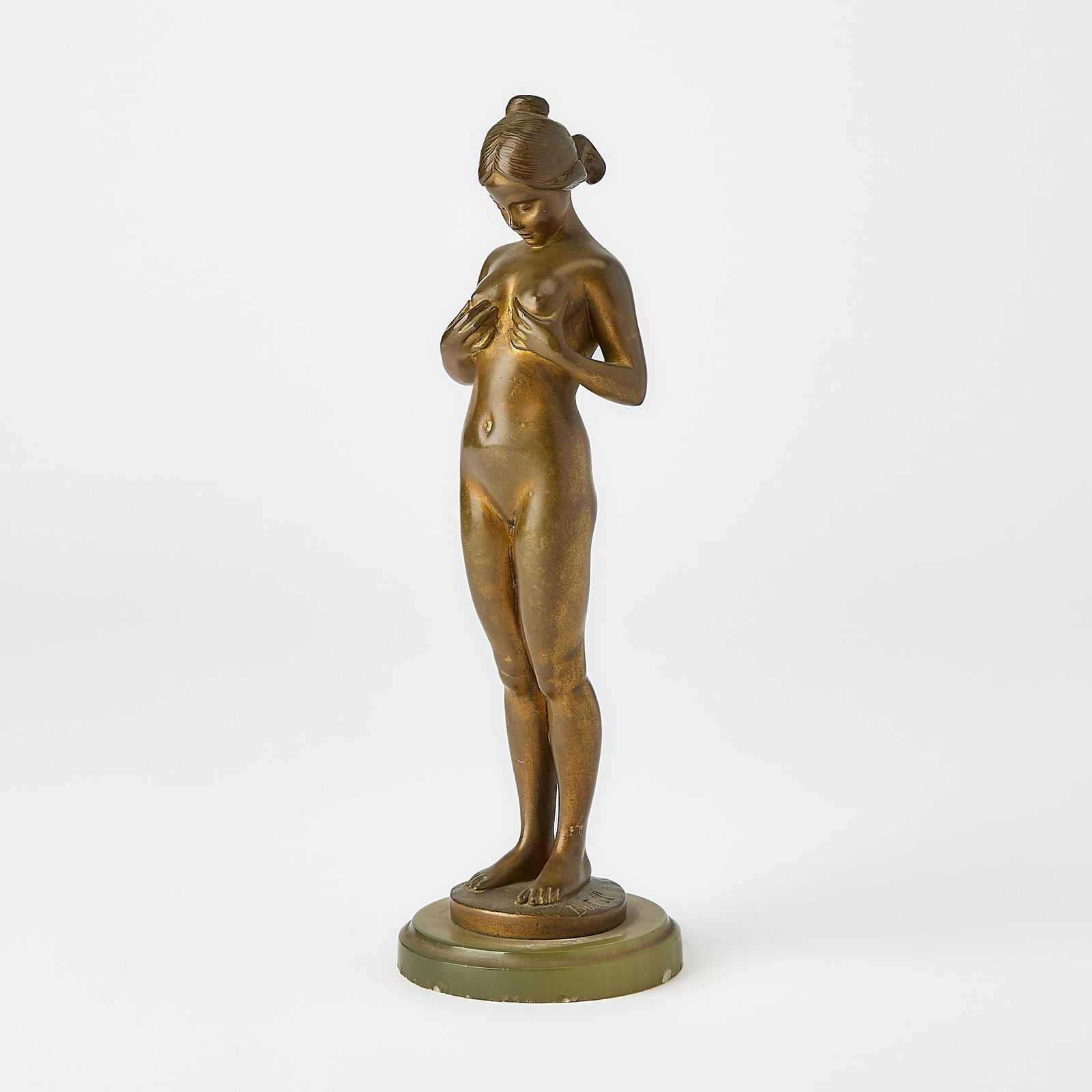 Spanish Art Nouveau Gilt-Bronze Erotic Figure of a Nude Woman: Entitled "La Comparaison" (The Comparison), cast from a model by Antoine Bofill, early 20th century Modeled as a nude young woman standing with her head gently bowed as she compares her breasts, set u