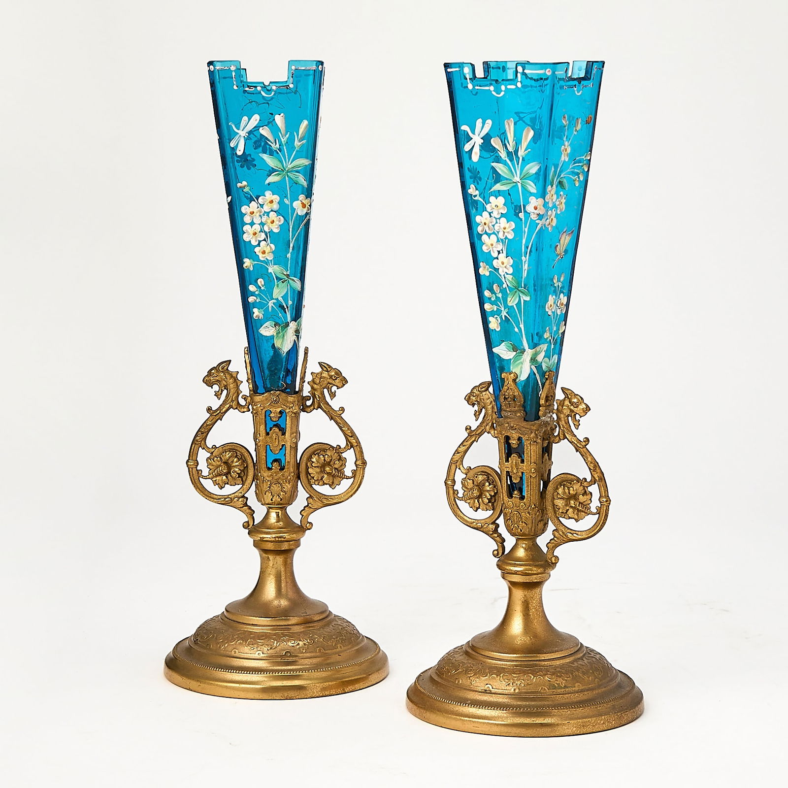 Pair of Victorian Enameled Blue Glass Vases (1 of 6)