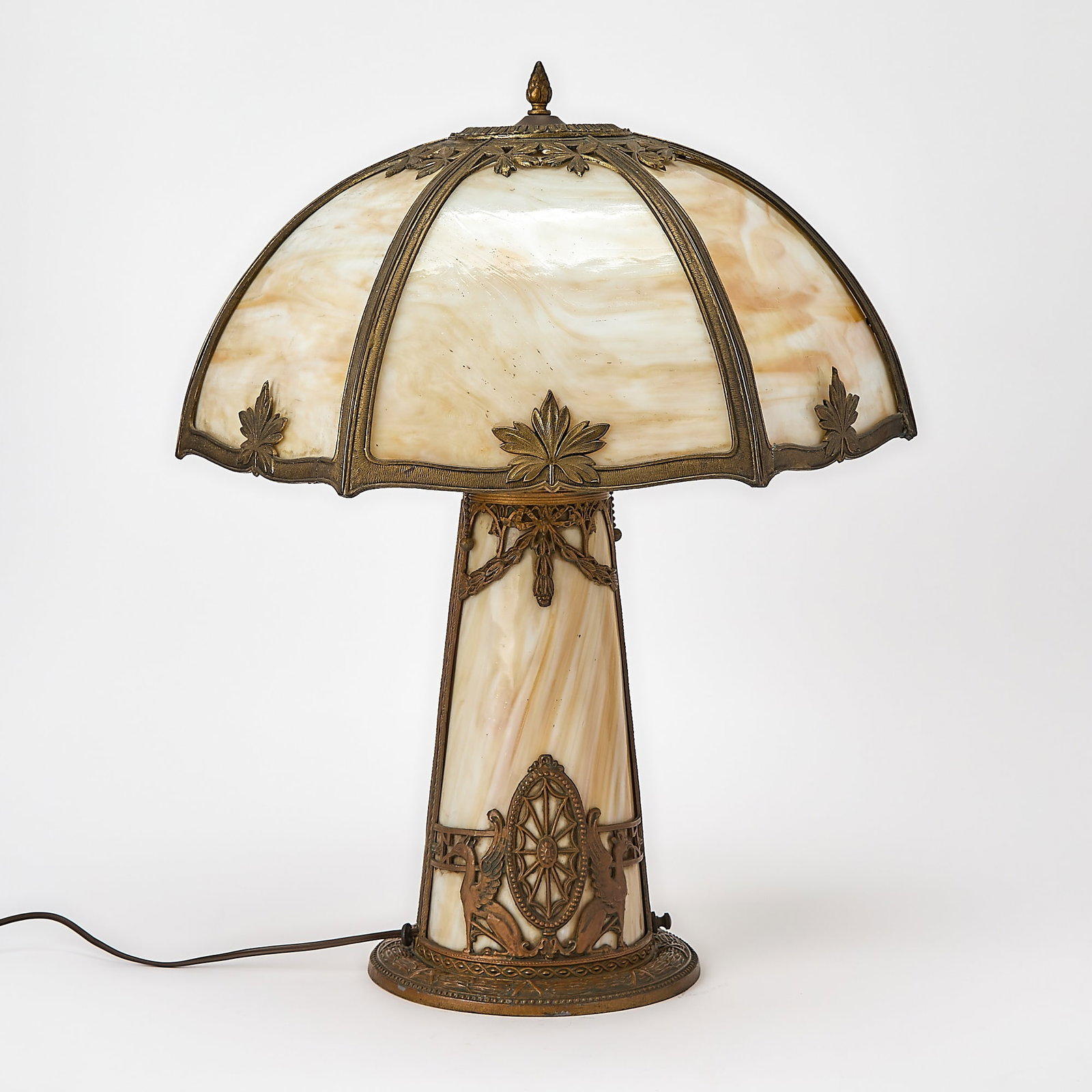 Arts and Crafts Style Slag Glass and Gilt-Metal Lamp (1 of 6)