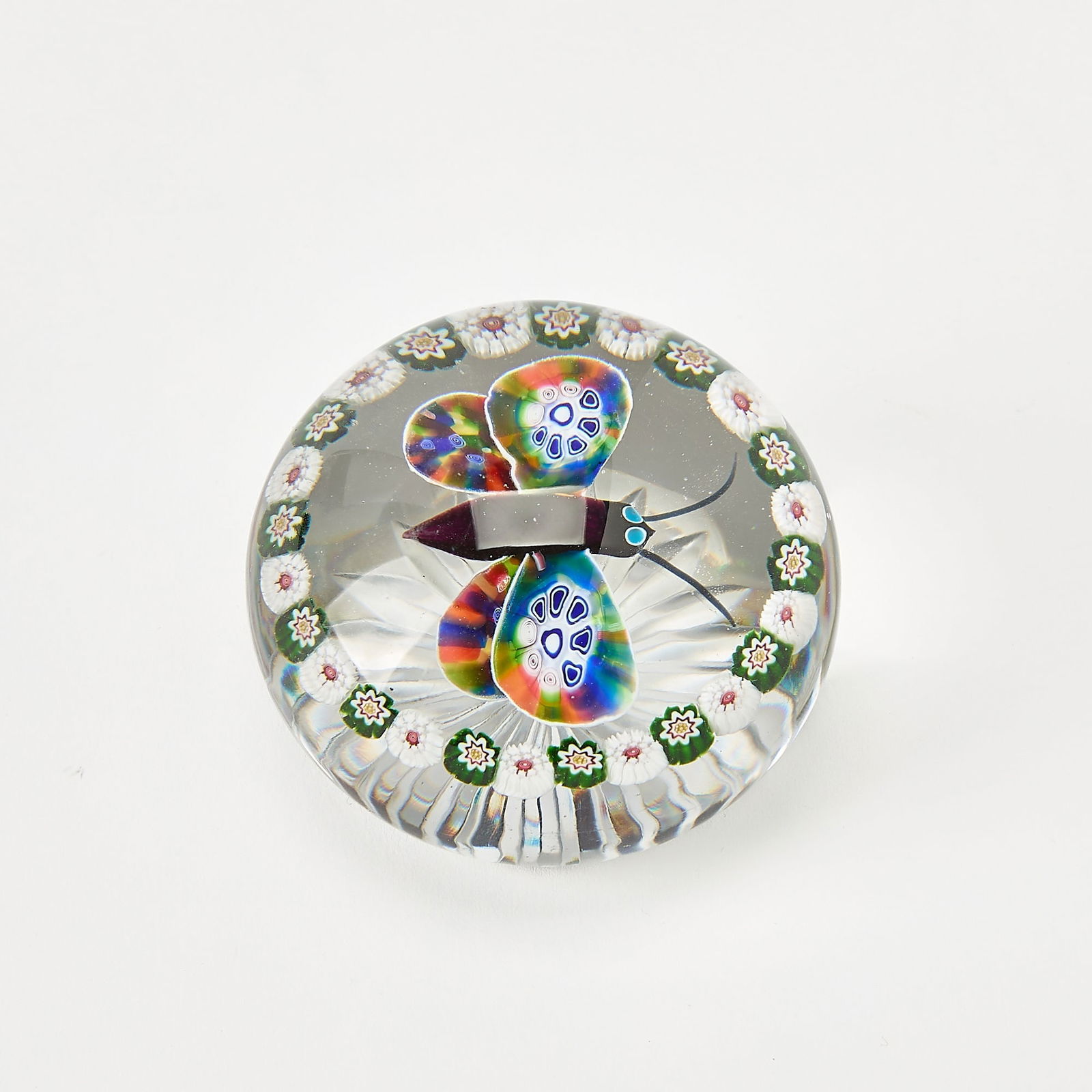 Baccarat Butterfly with Millefiori Garland Glass Paperweight: Height 2 inches, diameter 3 inches. minor scratches to base