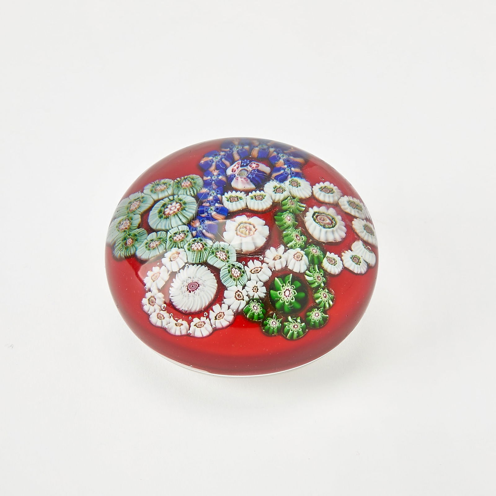 Clichy Tomato Ground Five-Rondel Glass Paperweight: Height 2 1/4 inches, diameter 3 1/2 inches.