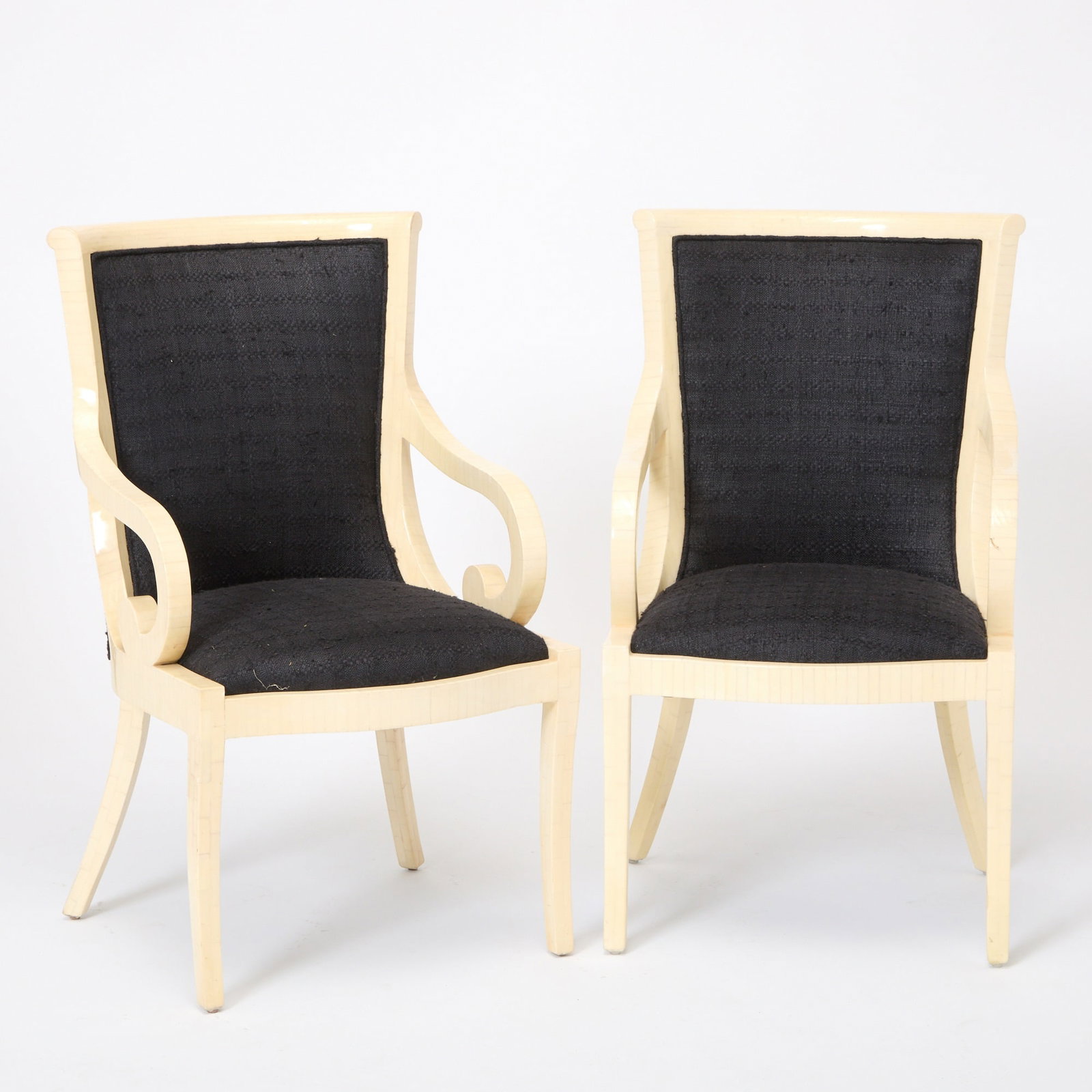 Pair of Empire Style Tessellated Bone Armchairs: Late 20th century In the Karl Springer style. Height 39 inches, width 23 inches, depth 25 inches, seat height 19 inches.