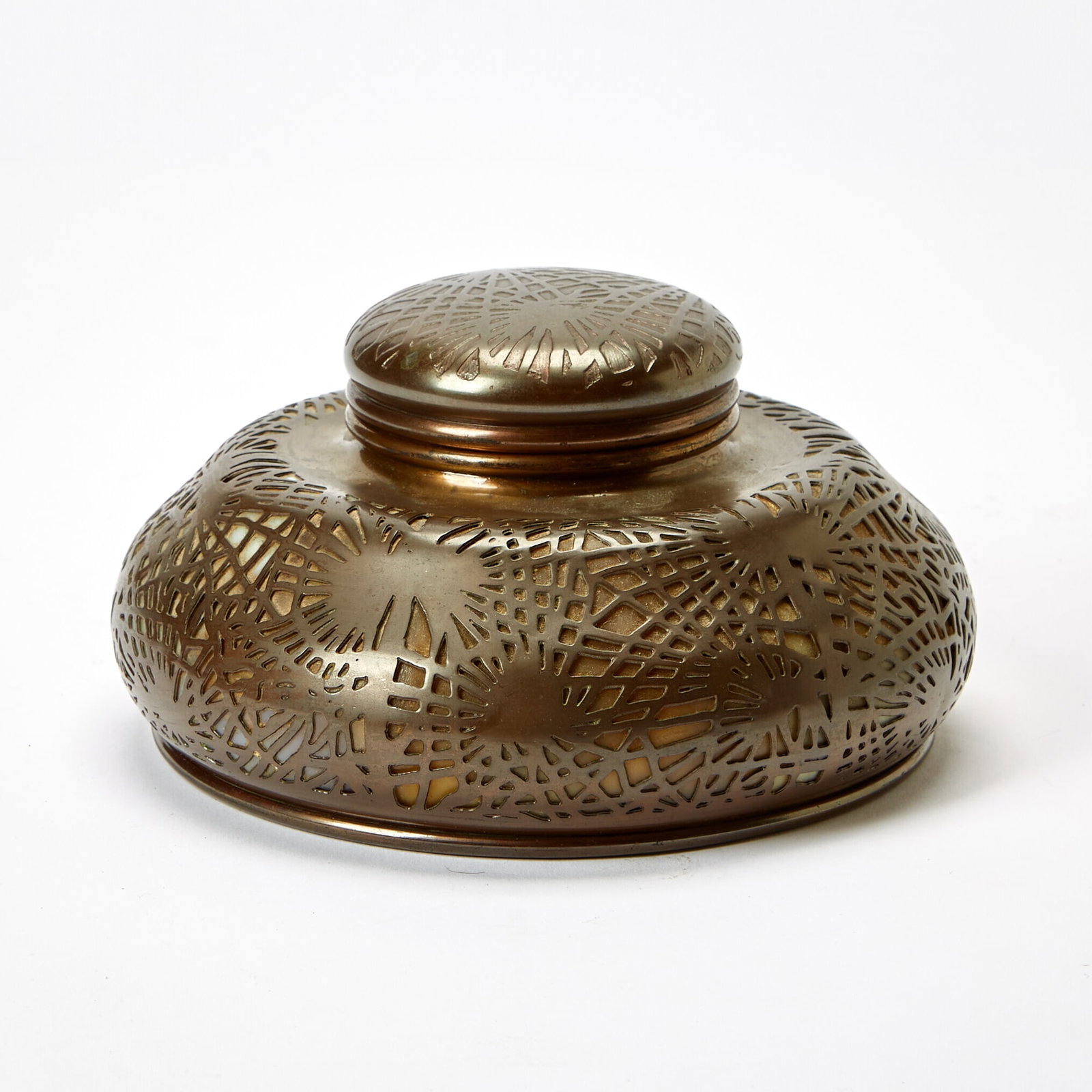 Tiffany Studios Patinated Bronze and Slag Glass "Pine Needles" Inkwell (1 of 3)