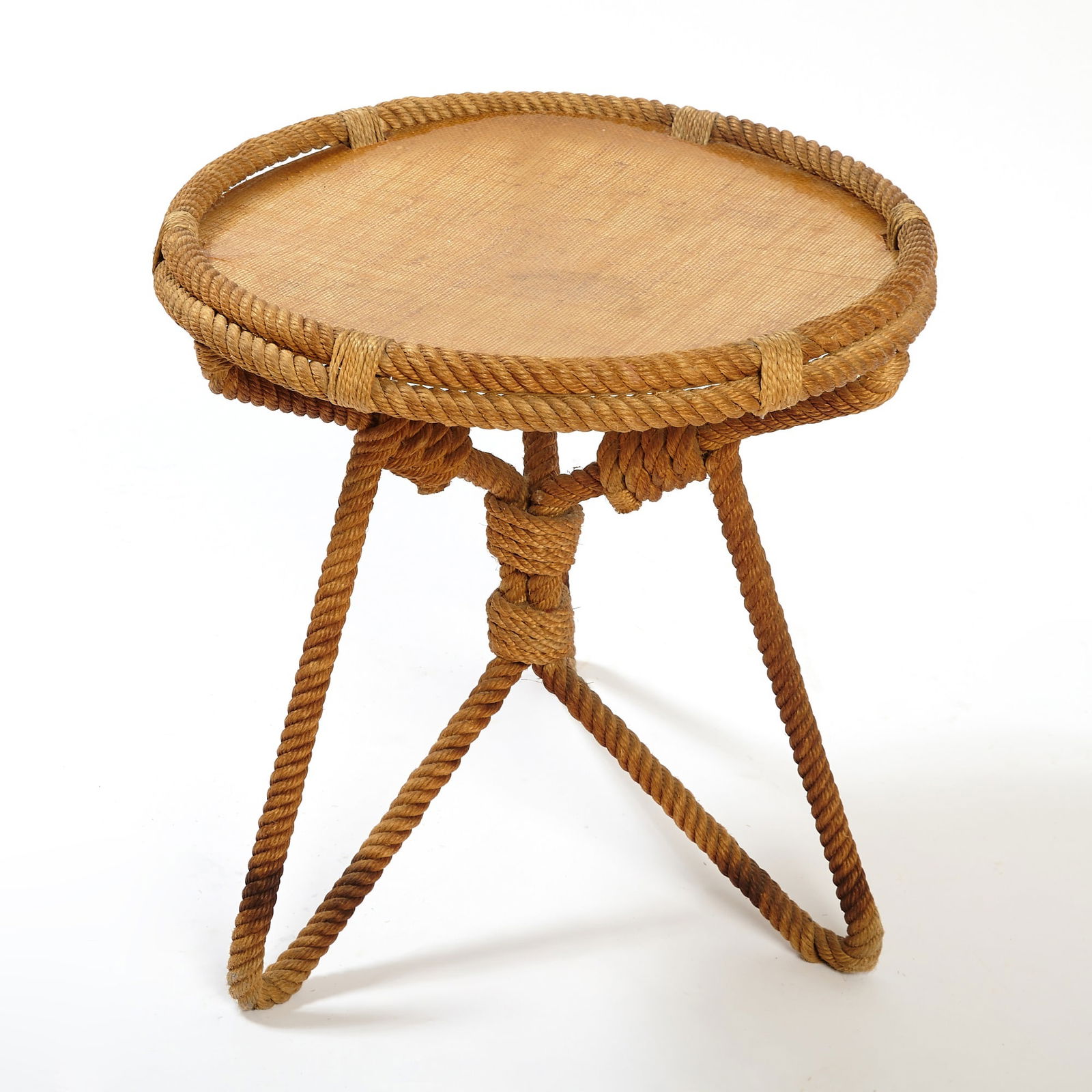 Audoux Minet Rope Occasional Table: 1950sHeight 16 1/2 inches, diameter 17 1/2 inches.