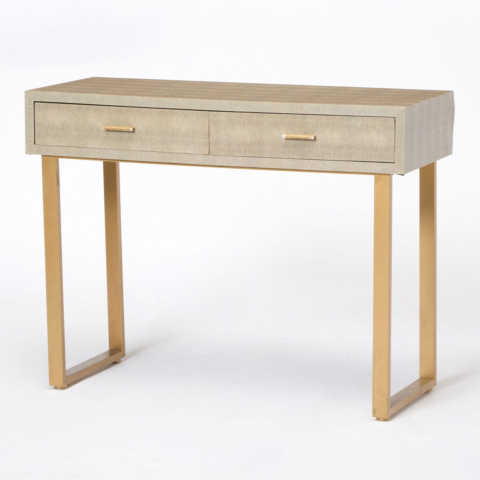 Faux Shagreen Dressing Table: Modern With "Sterling Furnishing Creativity" label. Height 30 inches, width 39 1/2 inches, depth 15 3/4 inches. chipped finish on handles, stained top