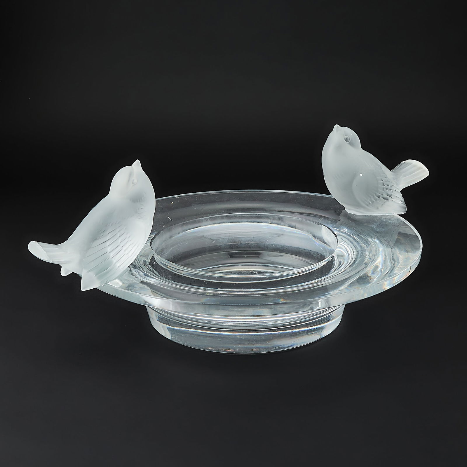 Lalique Molded and Frosted Blass Bowl: Deux Moineaux Moqueurs: Engraved Lalique France in script.Height 7 inches, length 16 1/2 inches.