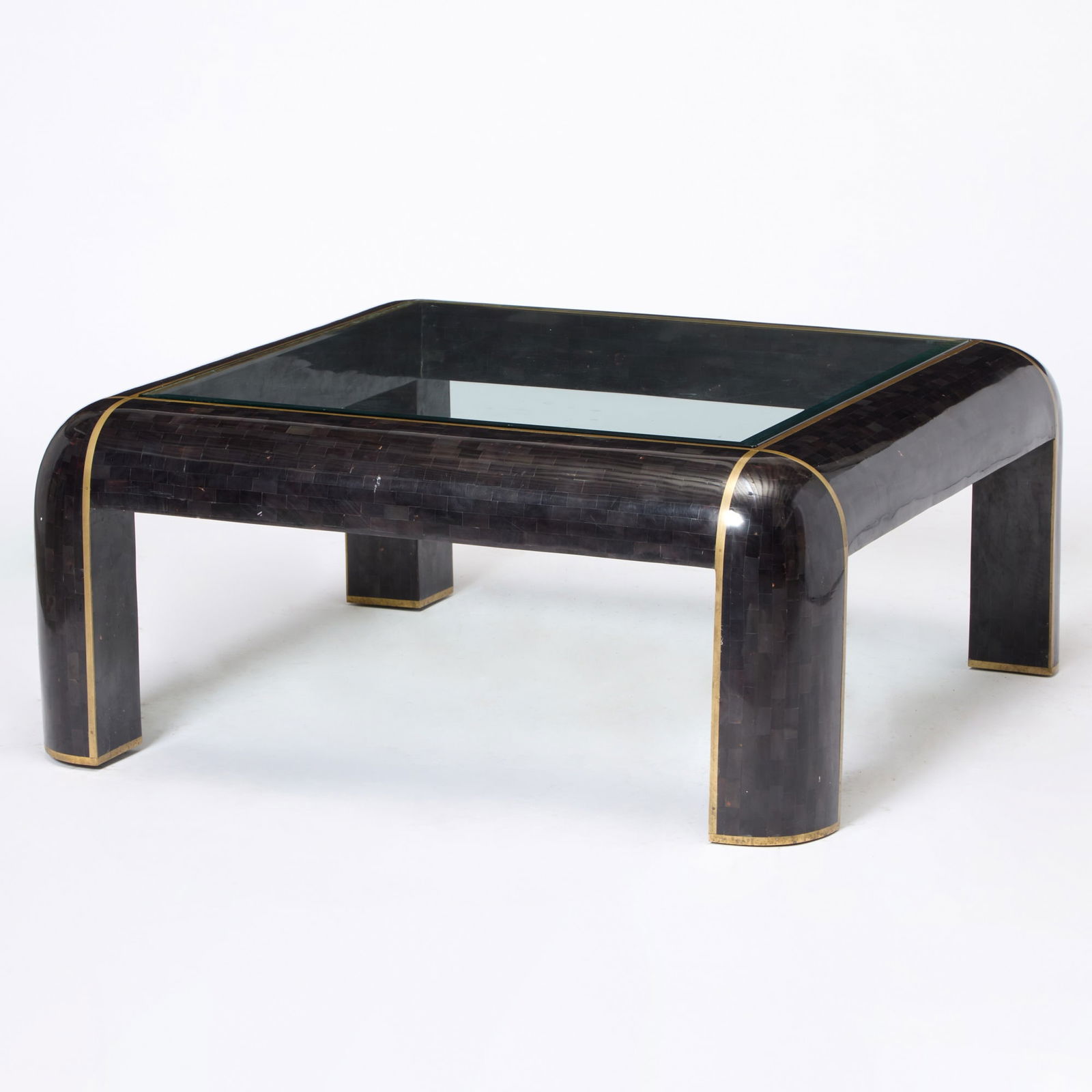 Karl Springer Style Tessellated Low Table: Late 20th centuryWith inset glass top. Height 16 1/2 inches, width 39 inches, depth 39 inches.