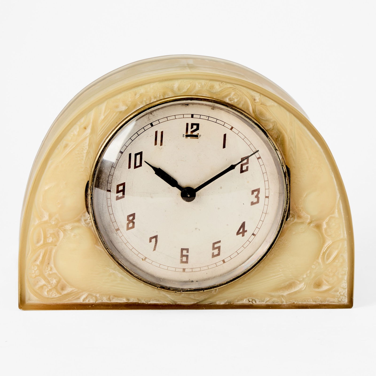 Lalique Molded Glass Clock: Moineaux: Model introduced 1924Height 6 1/2 inches, length 8 1/2 inches. shaved, 1 inch chip to back lower right edge