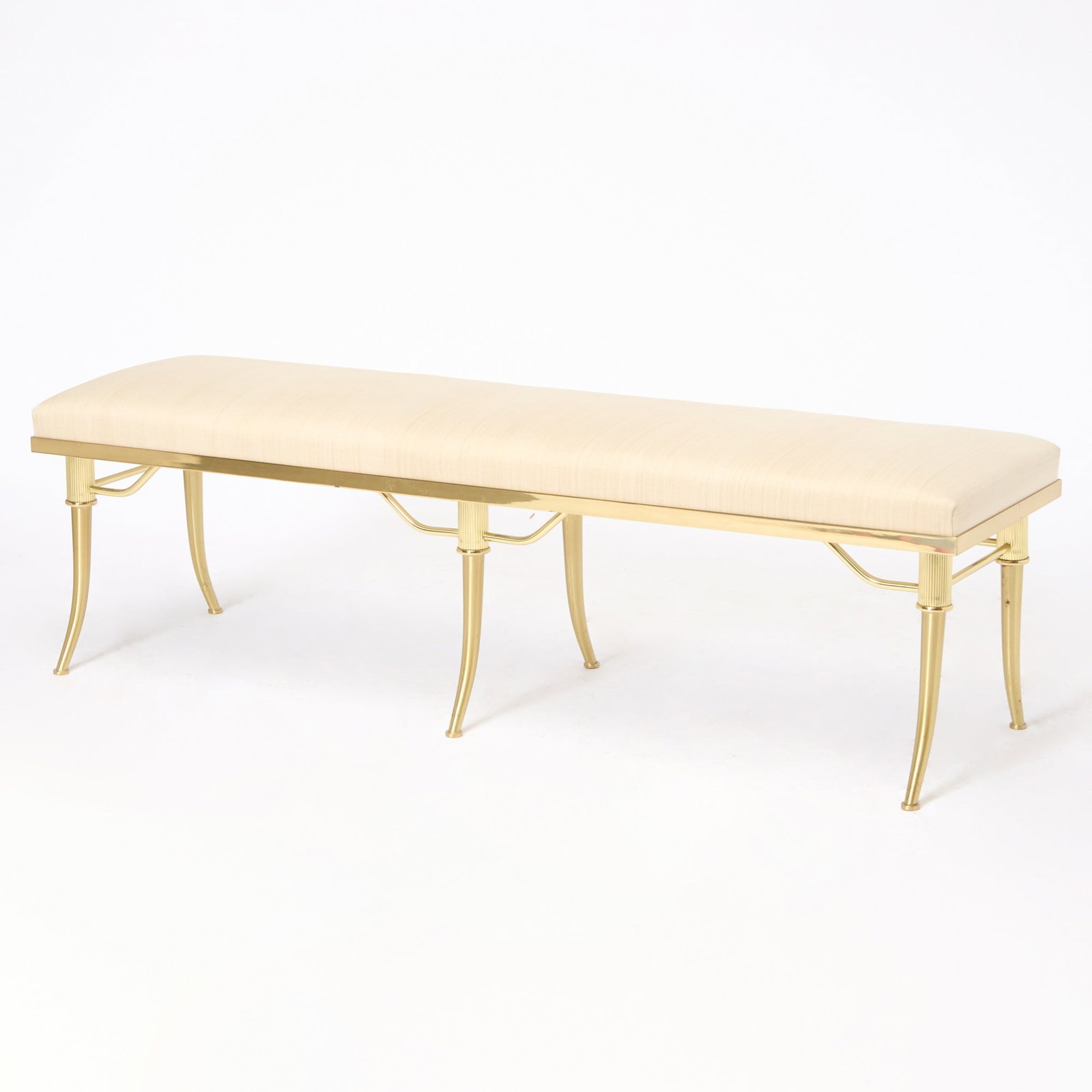William "Billy" Haines Style Upholstered Brass Bench: Height 16 1/2 inches, width 60 inches, depth 16 inches.