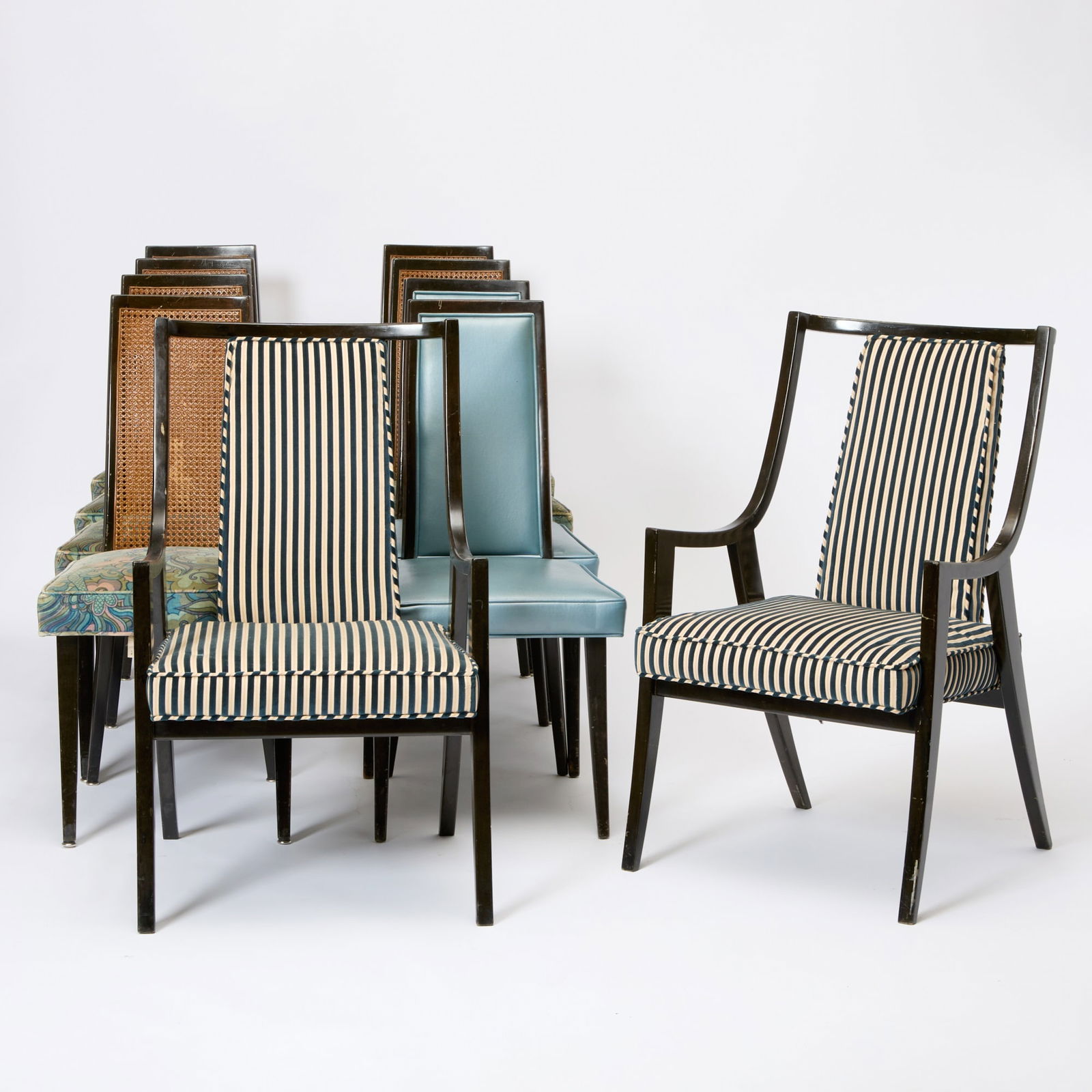 Assembled Set of Twelve Harvey Probber Upholstered and Caned Walnut Dining Chairs (1 of 8)