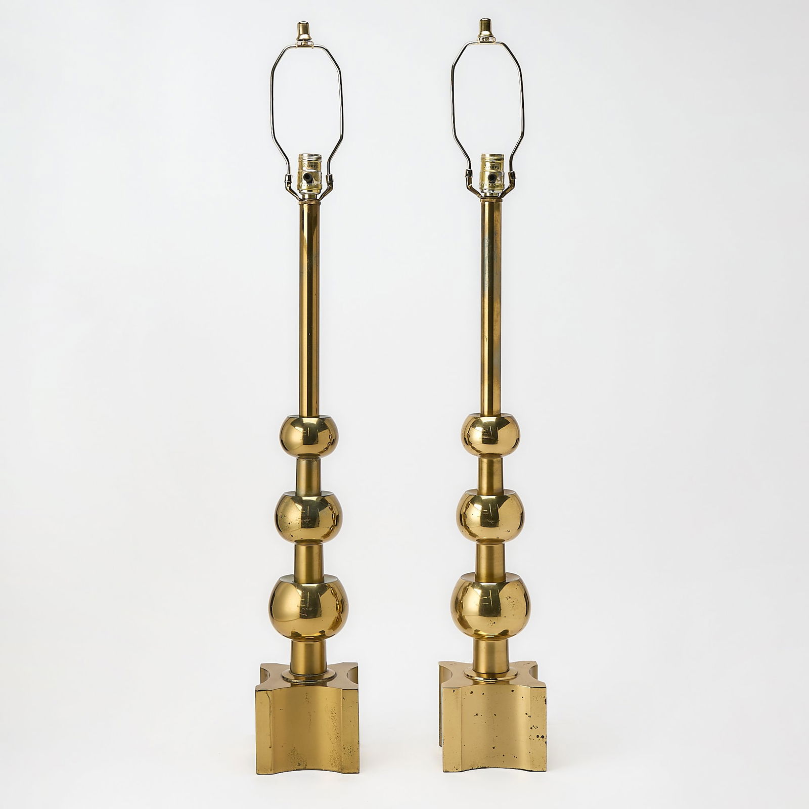 Pair of Tommi Parzinger Style Brass Lamps: Height 30 1/2 inches, height overall 40 1/4 inches.