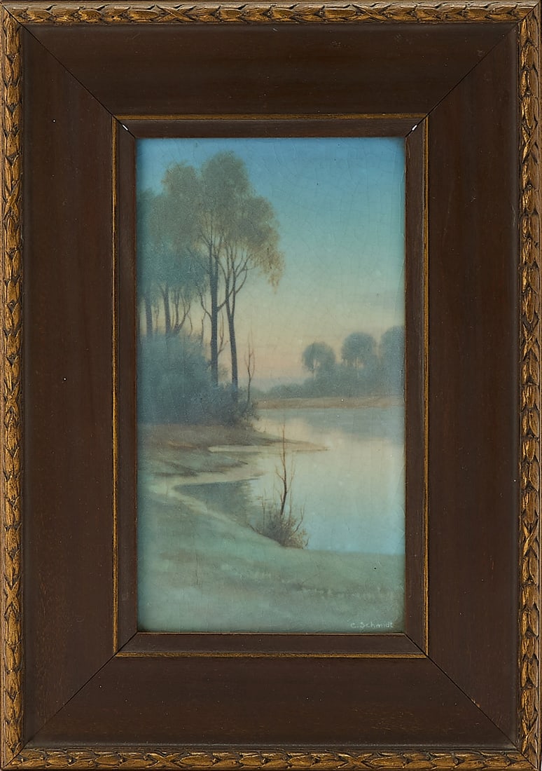 Rookwood Pottery Painted Plaque: Painted by Carl Schmidt, dated 1917 Plaque size 9 1/2 x 5 inches; frame size 14 1/4 x 10 inches.