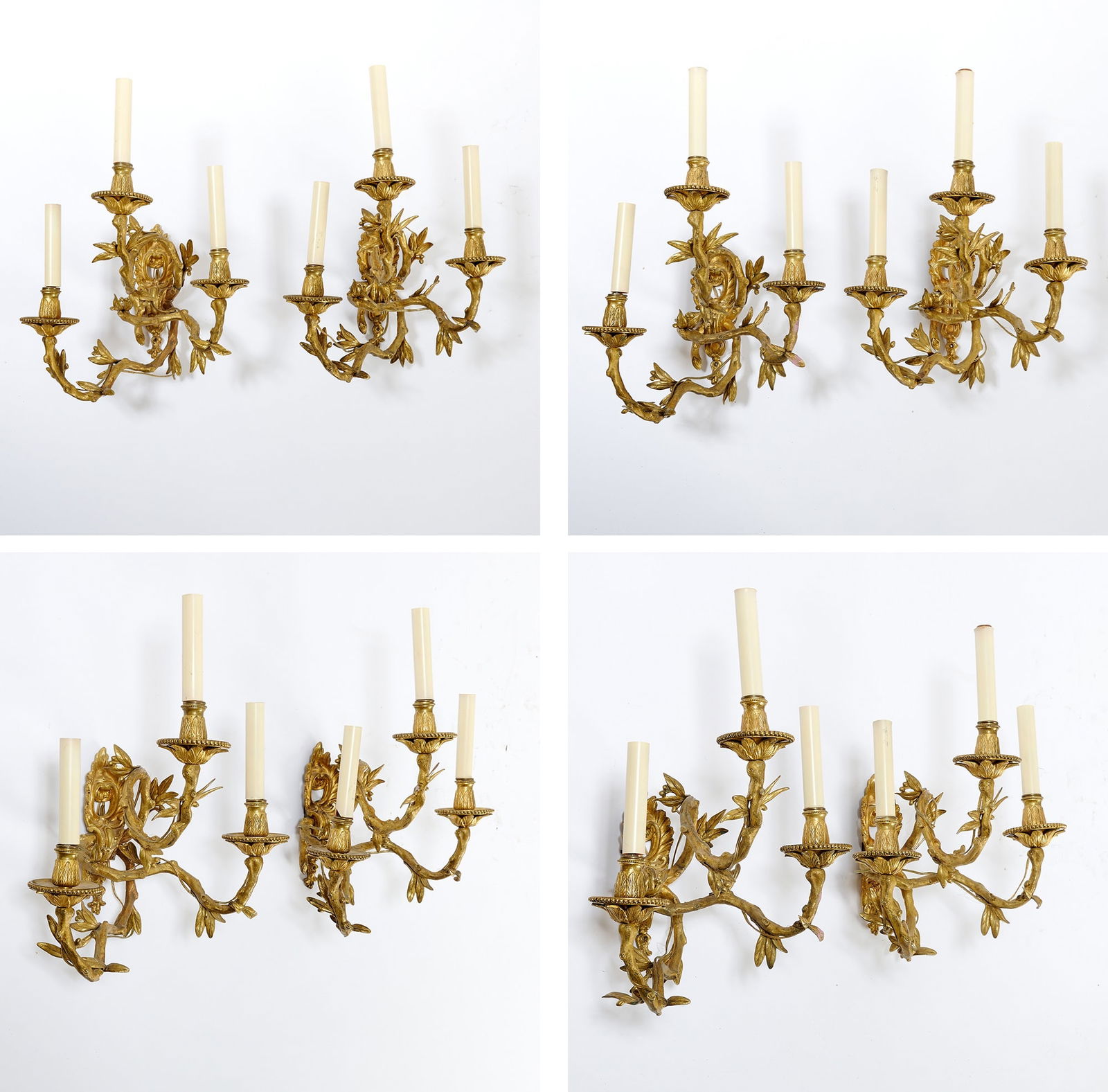 Set of Four French Gilt Bronze Three-Light Sconces (1 of 7)