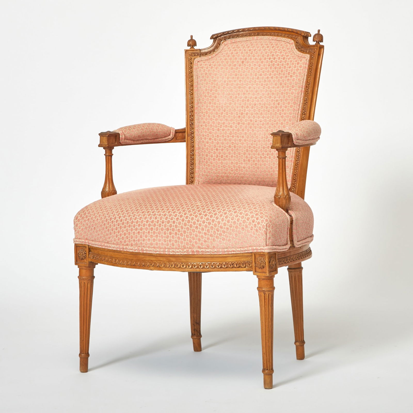 Louis XVI Beechwood Fauteuil: Last quarter 18th century Height 34 1/2 inches, width 22 inches, depth of seat 17 inches.