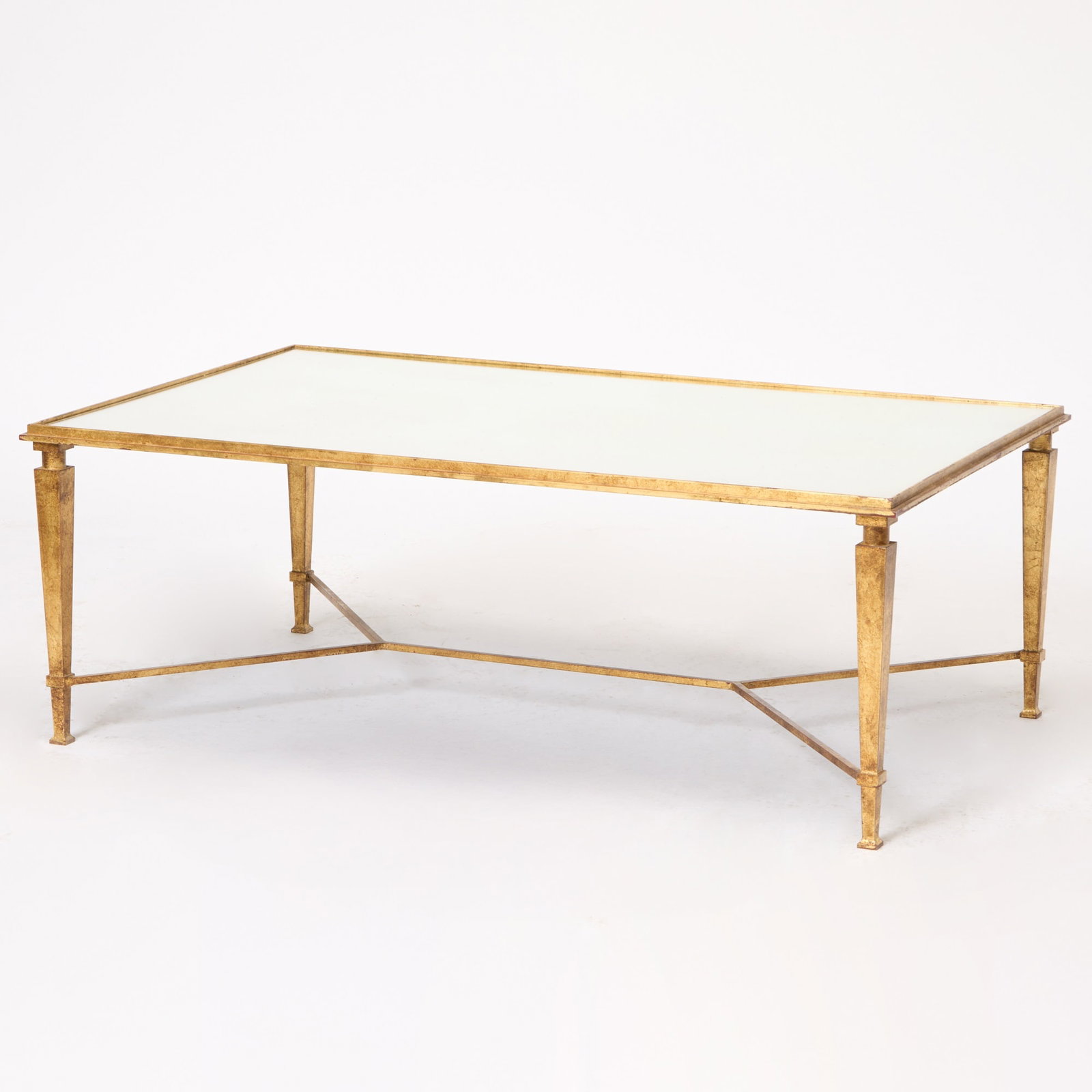 Gilt-Metal and Mirrored Low Table: Height 17 1/2 inches, width 48 inches, depth 30 1/2 inches. scratches to mirrored surface