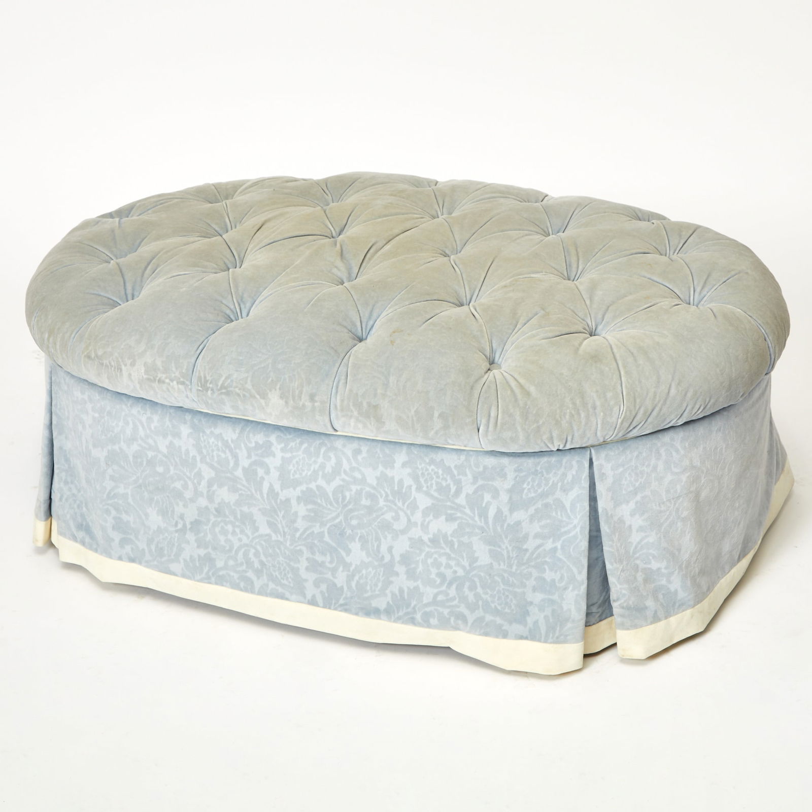 Blue Tufted Upholstered Mahogany Ottoman (1 of 2)