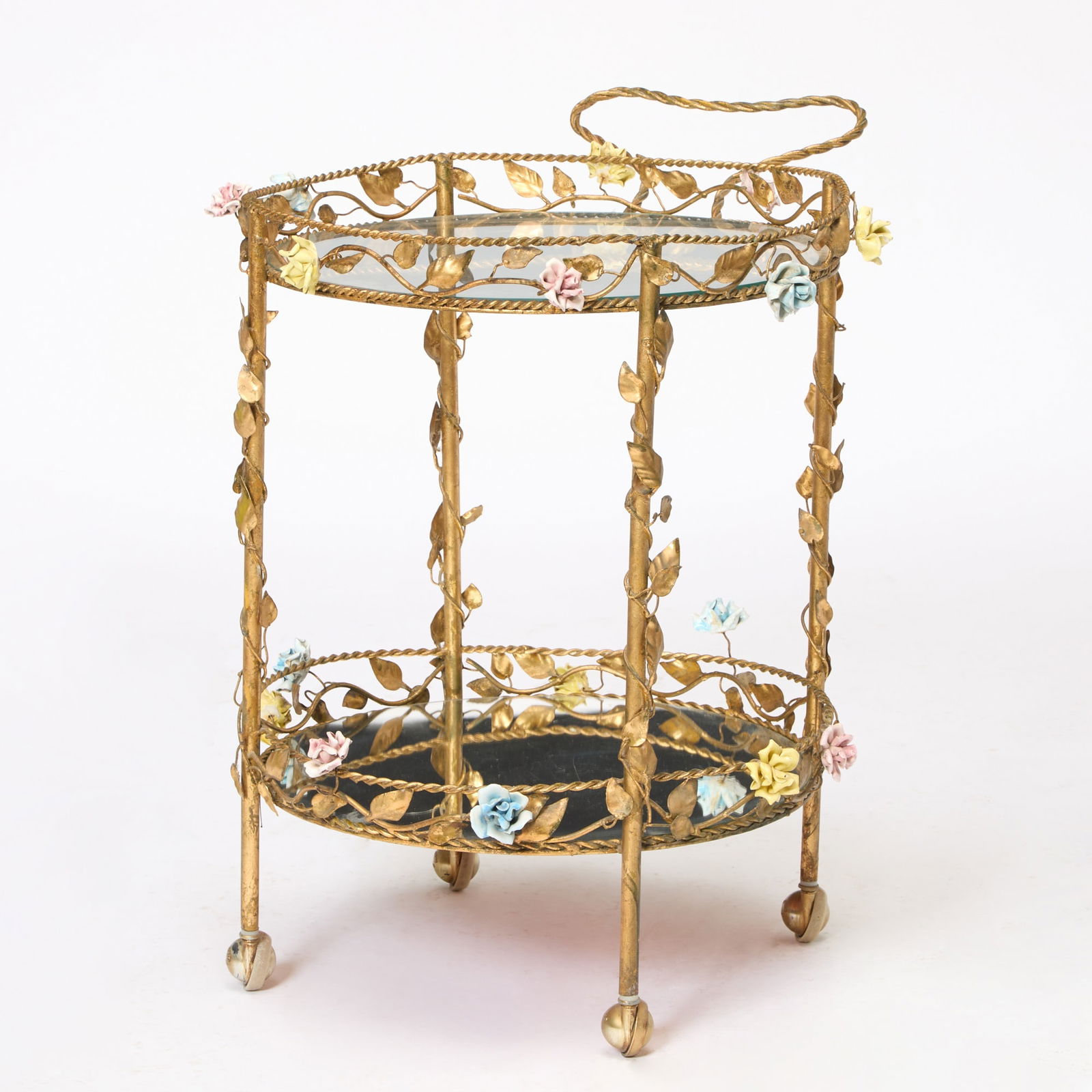 Gilt-Metal, Glass and Floral Porcelain Mounted Bar Cart: Height 28 3/4 inches, width 29 inches over handle, depth 23 inches. minor chips to flowers; some bendin to leaves; presents well