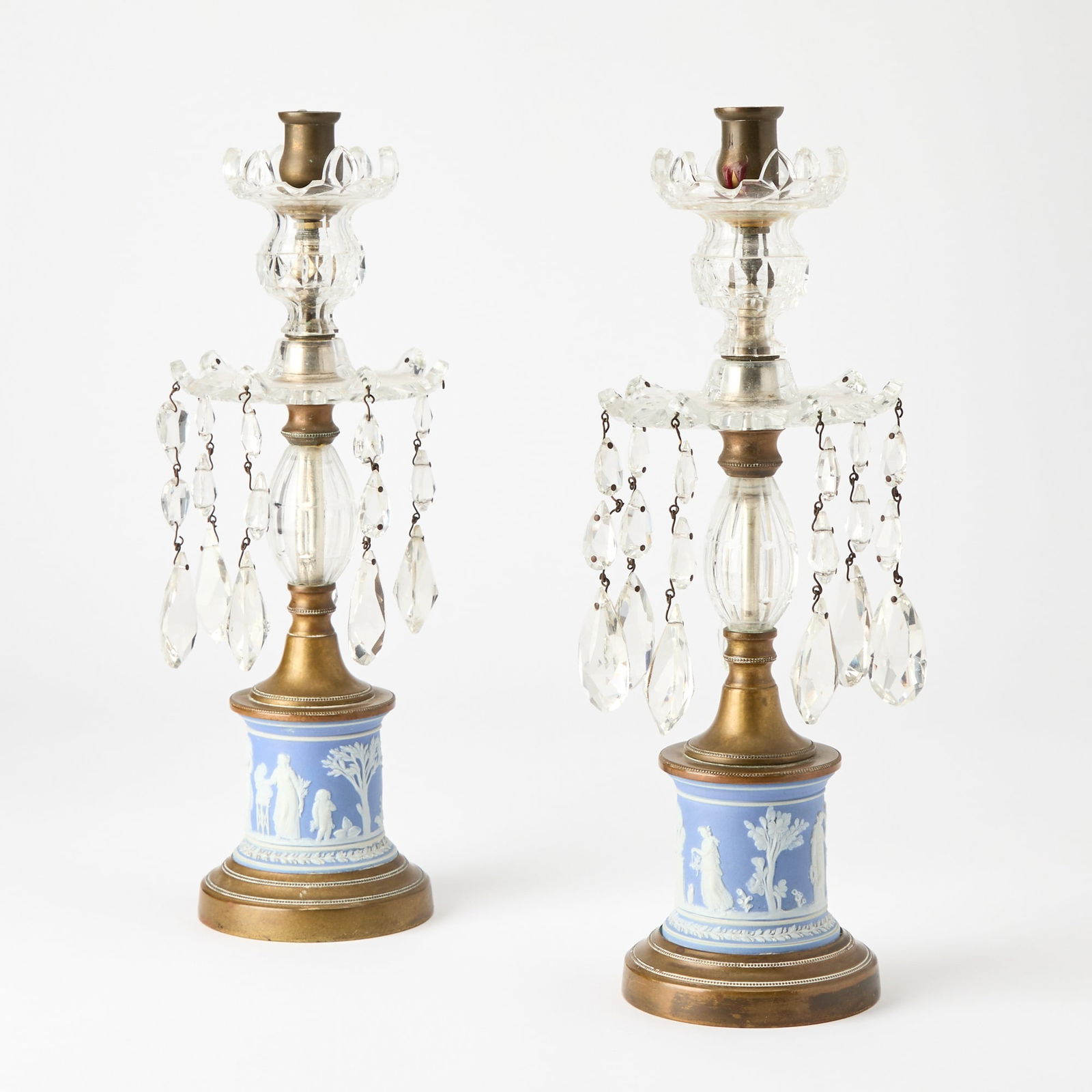 Pair of George III Style Glass and Jasperware Candlesticks: Height 14 inches.