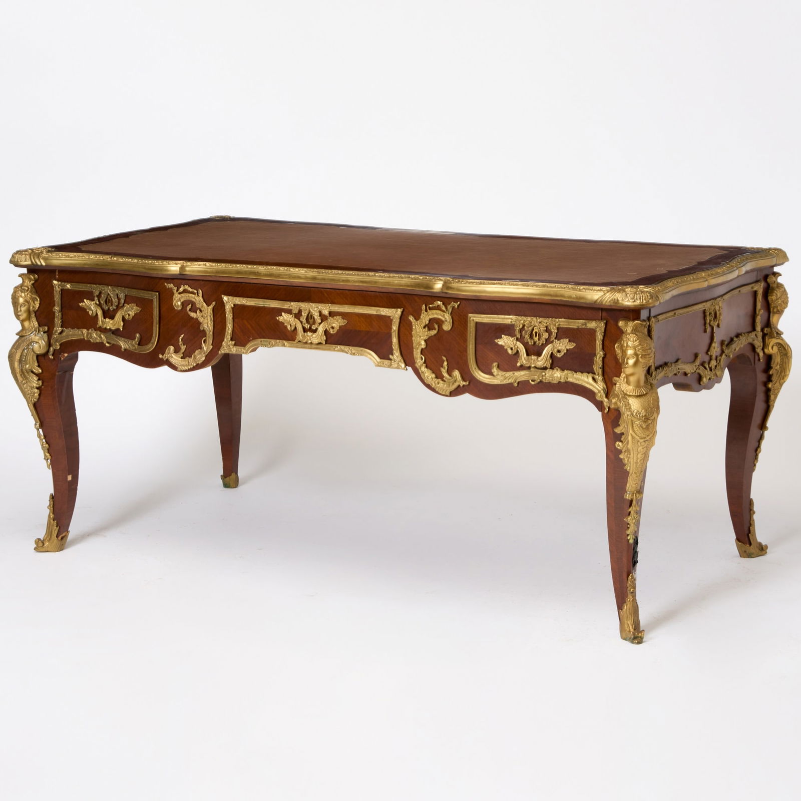 Louis XV Style Gilt-Metal Mounted Tulipwood Bureau Plat: Height 31 inches, width 68 1/2 inches, depth 38 1/2 inches.