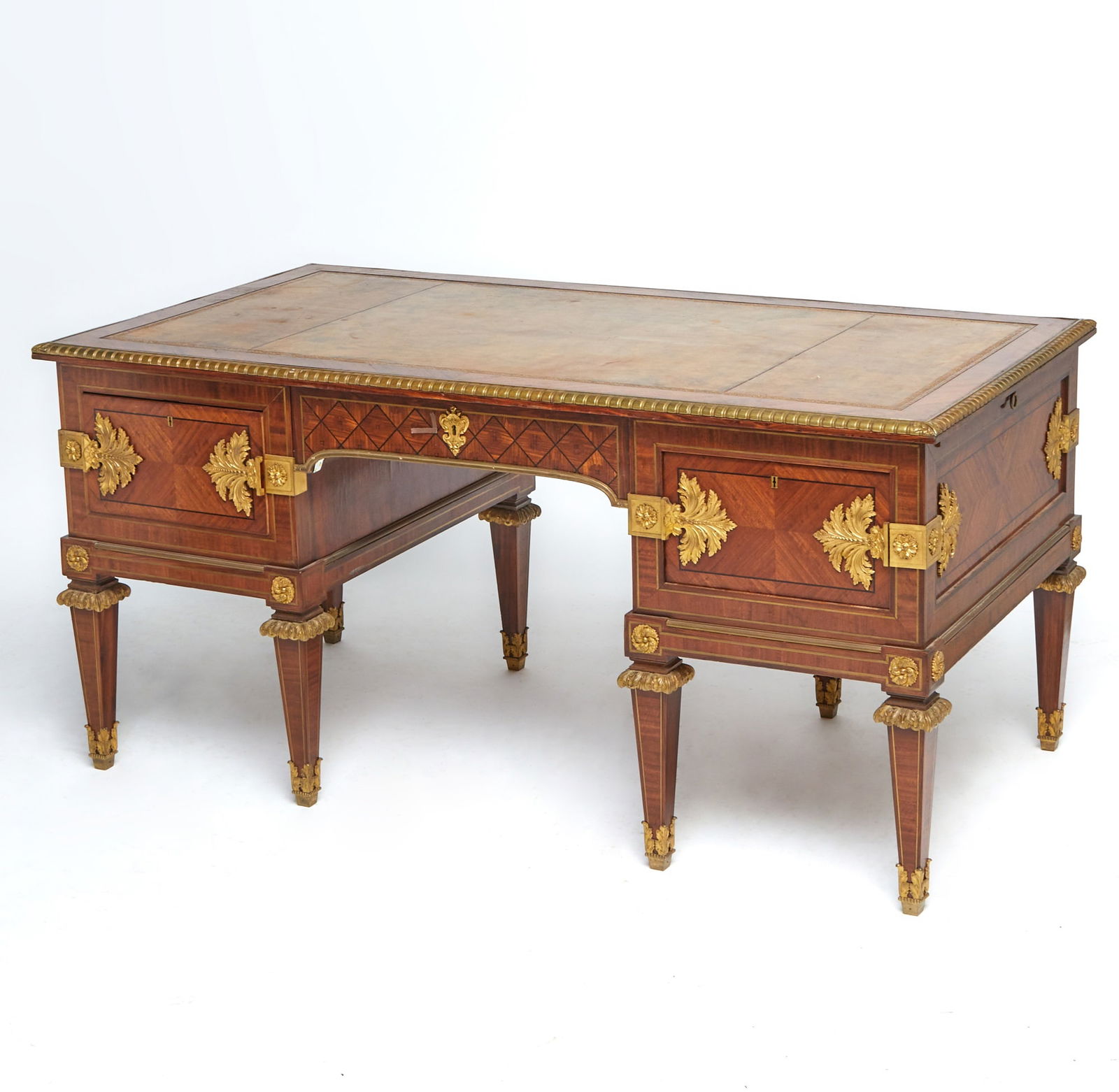 Louis XVI Style Gilt-Metal Mounted Tulipwood Bureau Plat: Height 30 inches, width 64 inches, depth 33 1/2 inches.