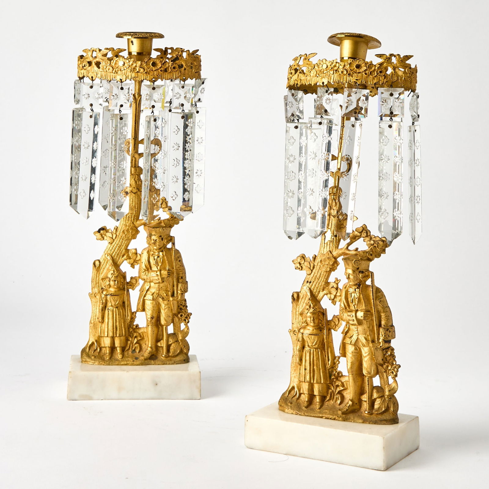 Pair of Gilt-Metal, Glass and Marble Figural Candlesticks: Height 15 inches.