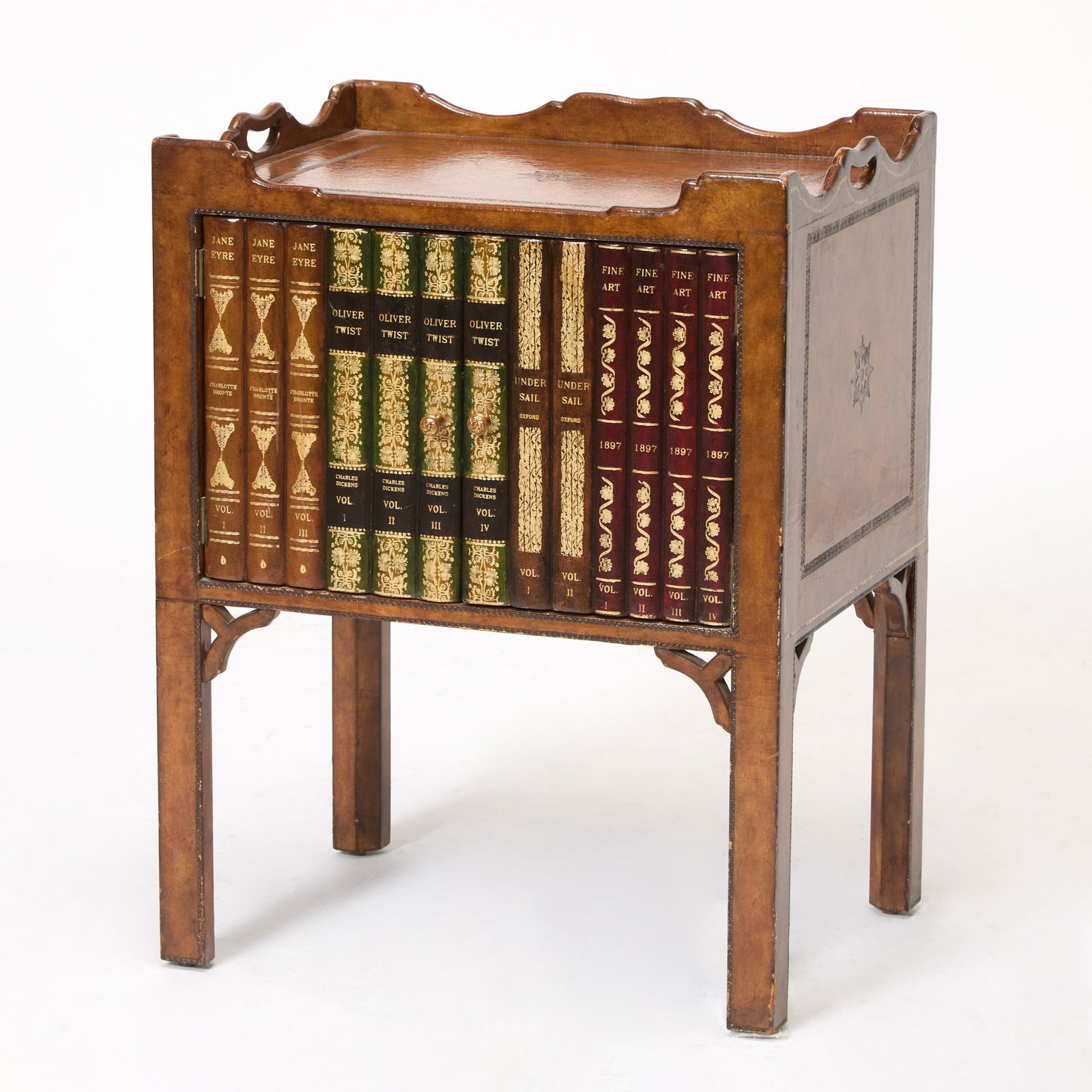 George III Style Mahogany Faux Book Side Cabinet: Height 27 1/2 inches, width 21 1/4 inches, depth 16 inches. some edgewear and scratches