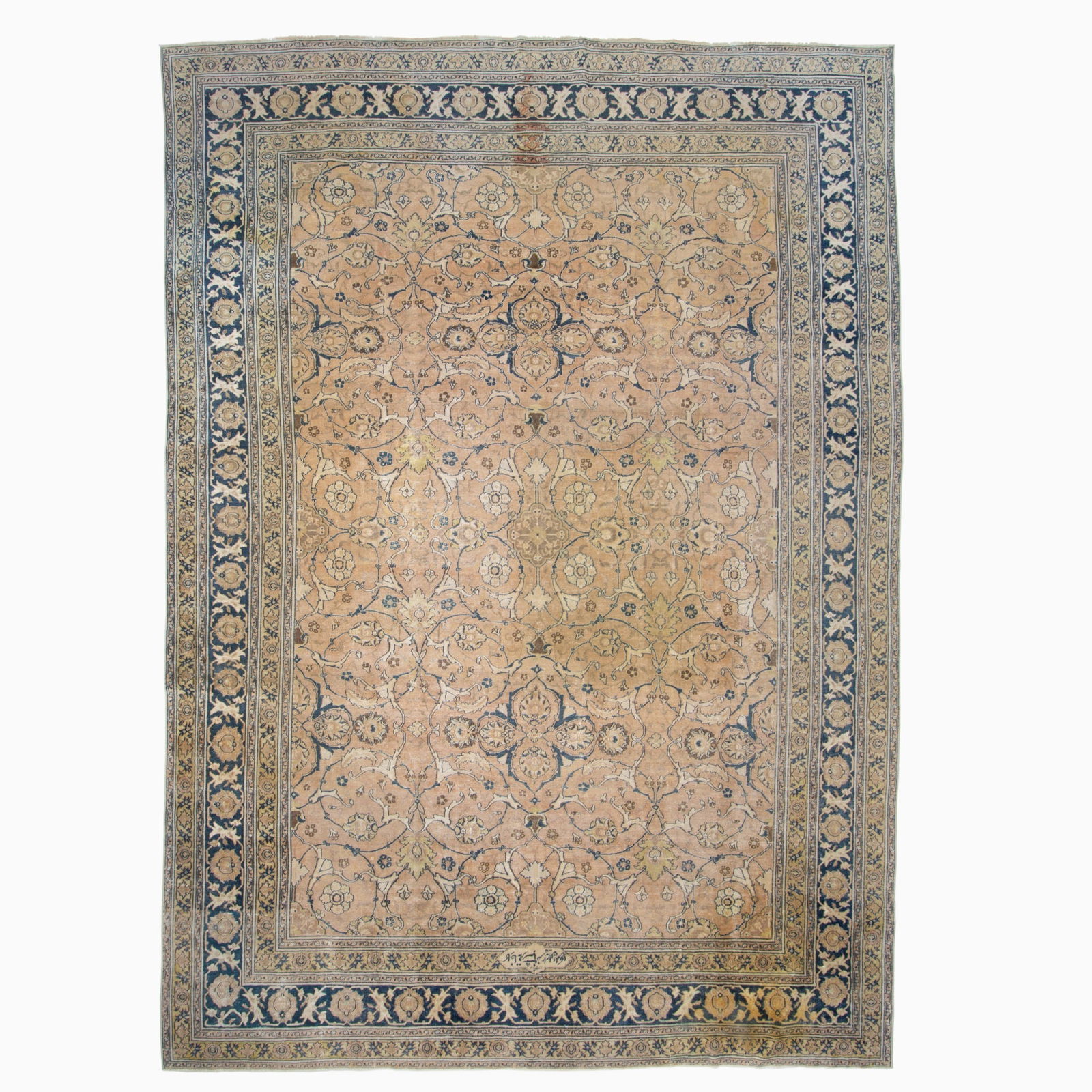 Khorassan Carpet: Northeast Caucasus, First 1/4 20th Century The overall pattern of floral vinery on the taupe field is within an indigo palmette and leafy vine border. Signed. (14' 5" x 10' 3")Chemicall