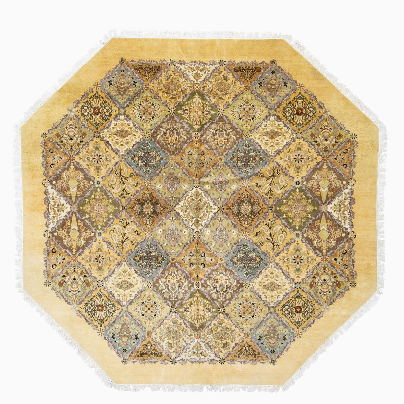 Pak-Tabriz Octagonal Carpet: Pakistan, Contemporary The allover polychrome garden design is within an open buff outer border. 14/16 quality with 224 kpsi. (7' 6" diameter)