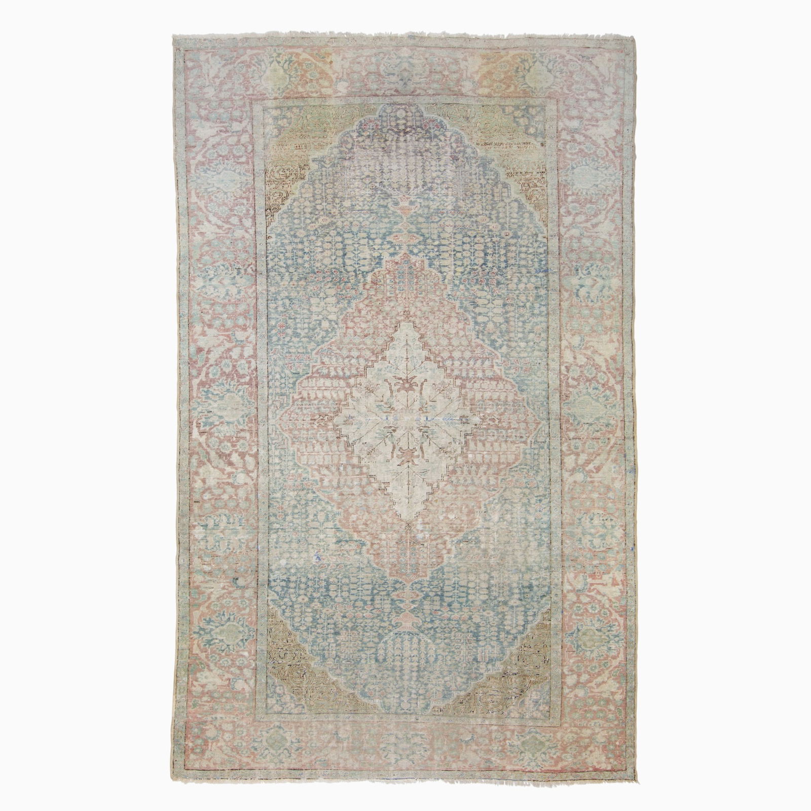 Sivas Carpet: Central Turkey, Mid-20th CenturyThe central pendant medallion on the sky-blue field is within a pale madder palmette and leaf border. (12' 5" x 7' 10") Chemically washed, areas of wear, stains,