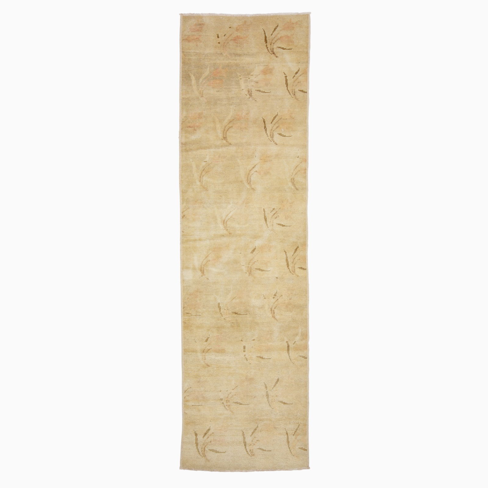 Oushak Runner: West Turkey, Mid-20th CenturyThe overall pattern of ascending sprays is on a buff field. (9' 0" x 2' 8") Small re-piled areas, chemically washed