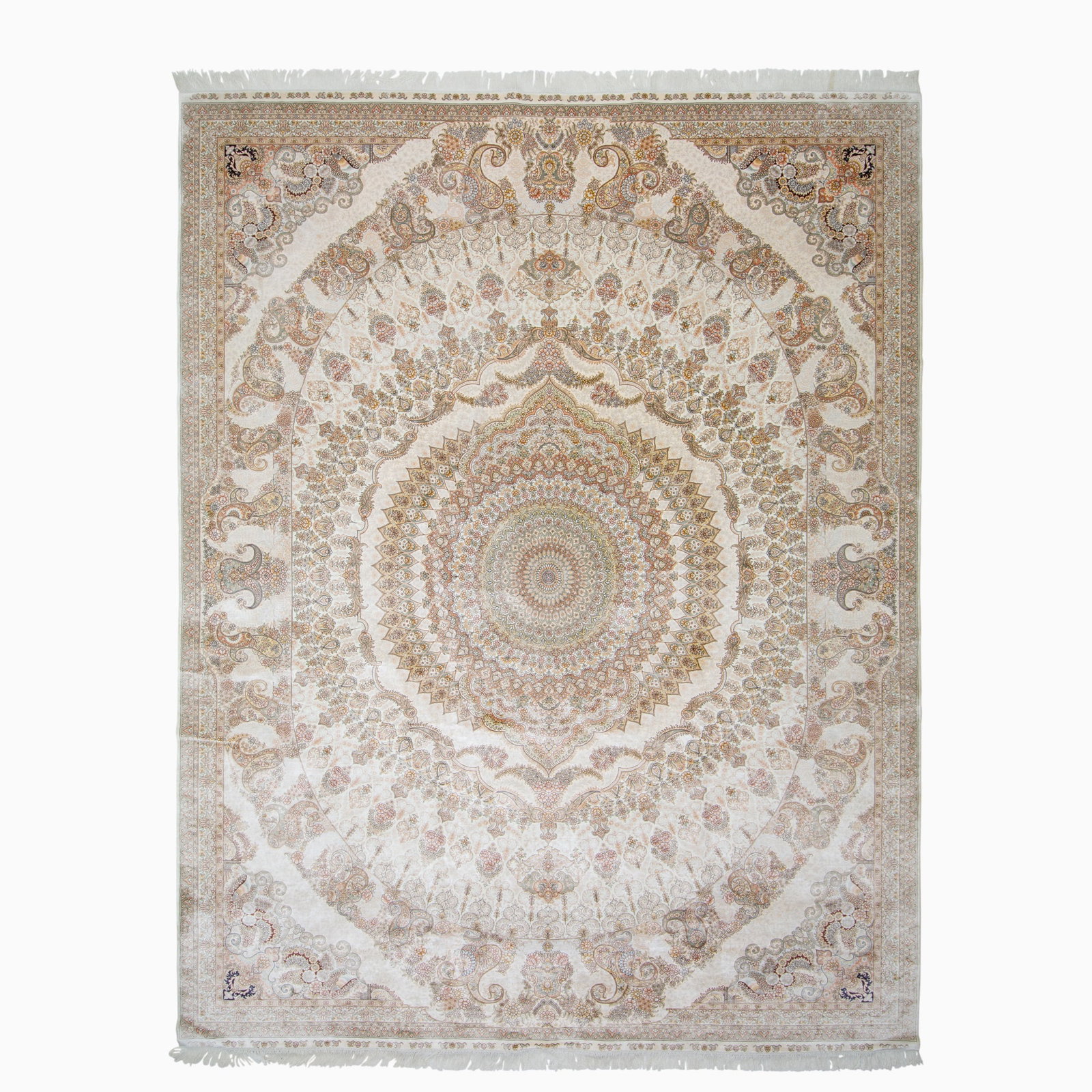 Sino-Persian Silk Carpet: China, ContemporaryThe central circular pendant medallion on the ivory field is within a palmette border. Signed, 200-line quality with 340 kpsi, cotton foundation. (11' 10" x 9' 2") Minor
