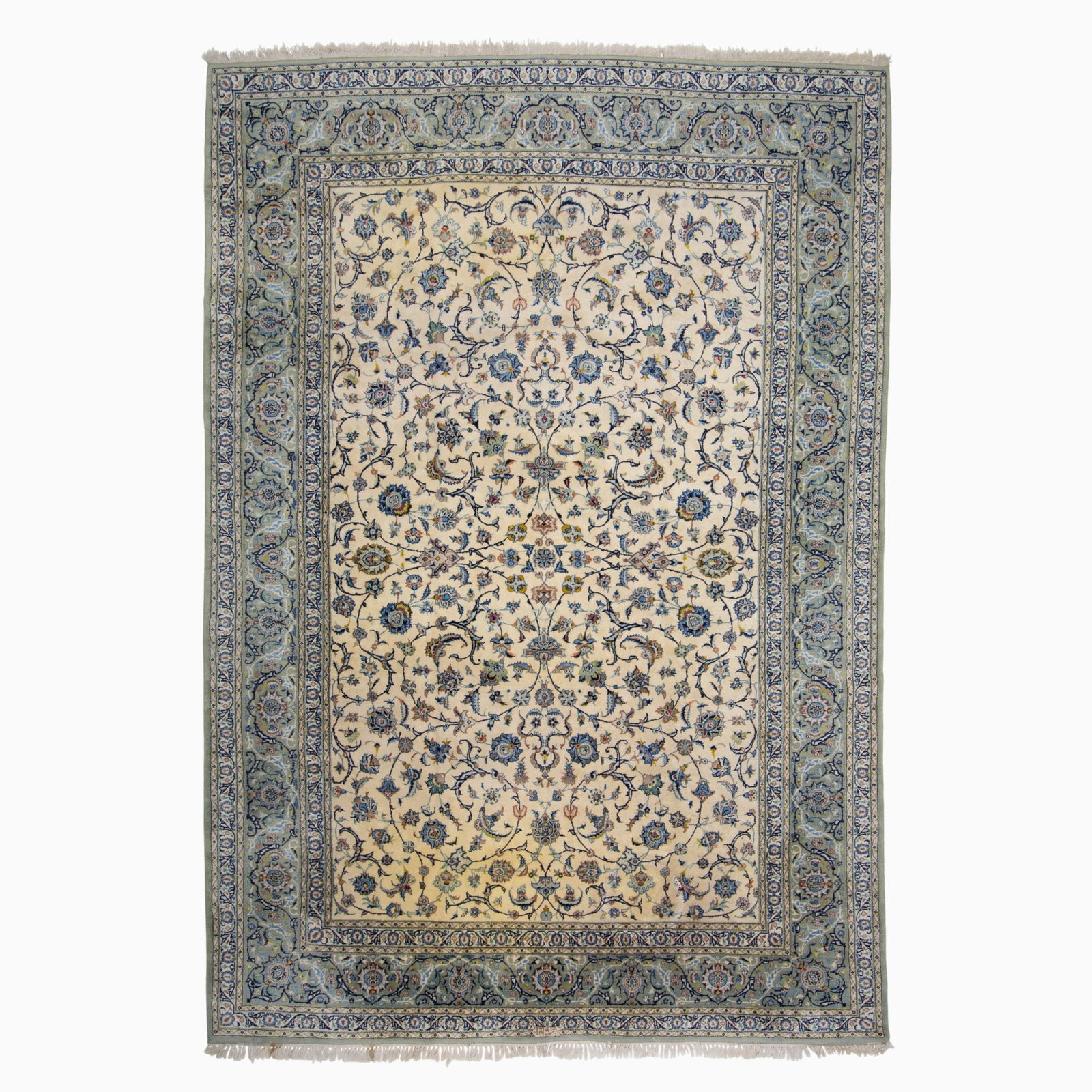 Kashan Carpet: Central Iran, 2nd 1/2 20th CenturyThe ivory field with polychrome floral vinery overall is within a slate-blue palmette and meandering vine border. Signed. (12' 3" x 8' 4" :) Stains