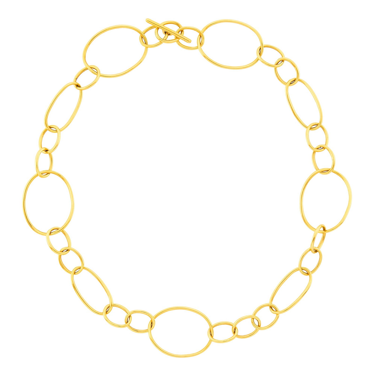 Gold Link Toggle Necklace: 18 kt., signed Italy, ap. 26 dwts. Length 18 inches. Link width 1 to 7/16 inch. Toggle closure.