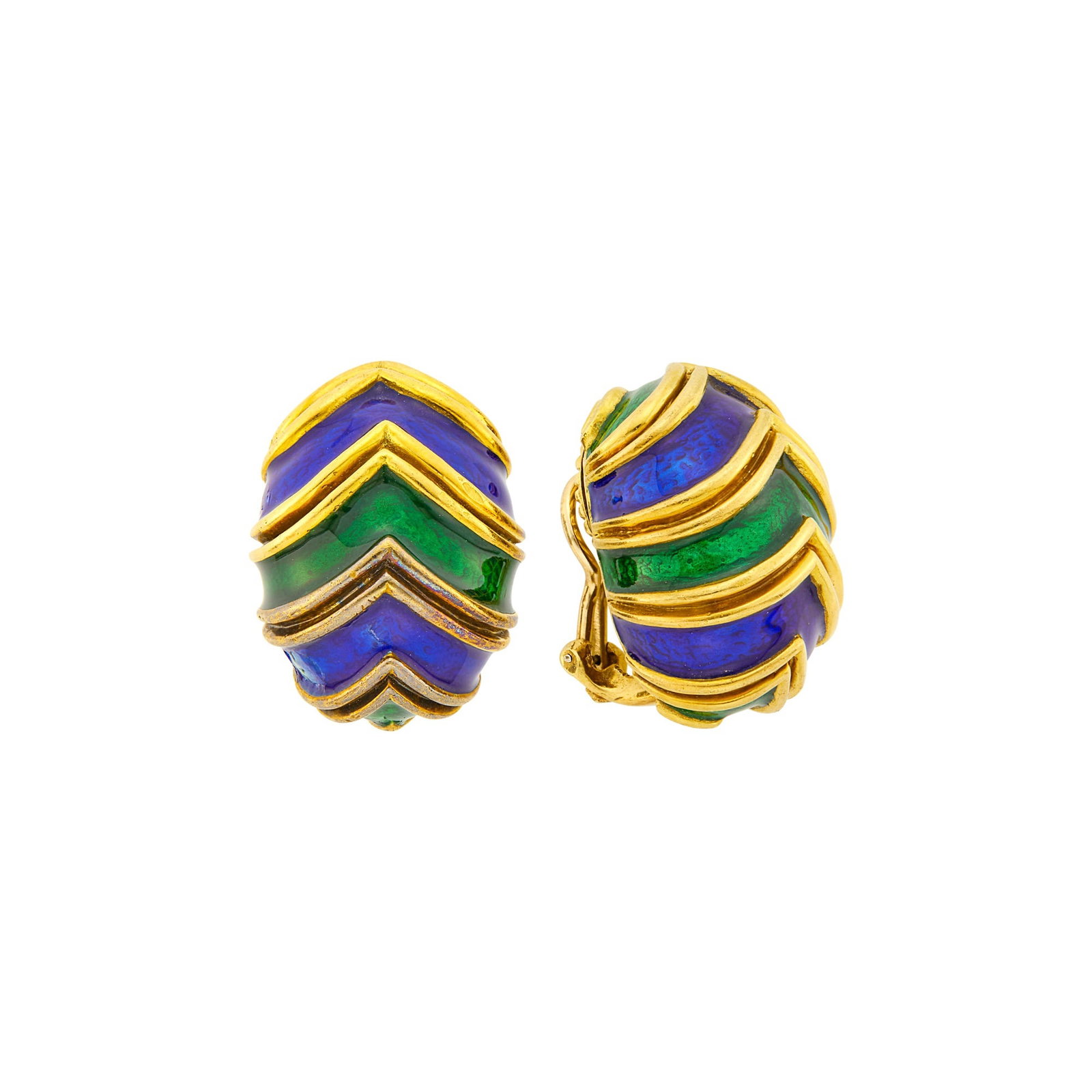 Pair of Gold, Green and Blue Enamel Bombé Earclips: 18 kt., minor enamel loss, ap. 23.7 dwts. Patch of blue enamel loss to side of bottom panel, slightly visible to eye from front. Well-made. Good heft. Clip-backs. 1 x 3/4 inch.