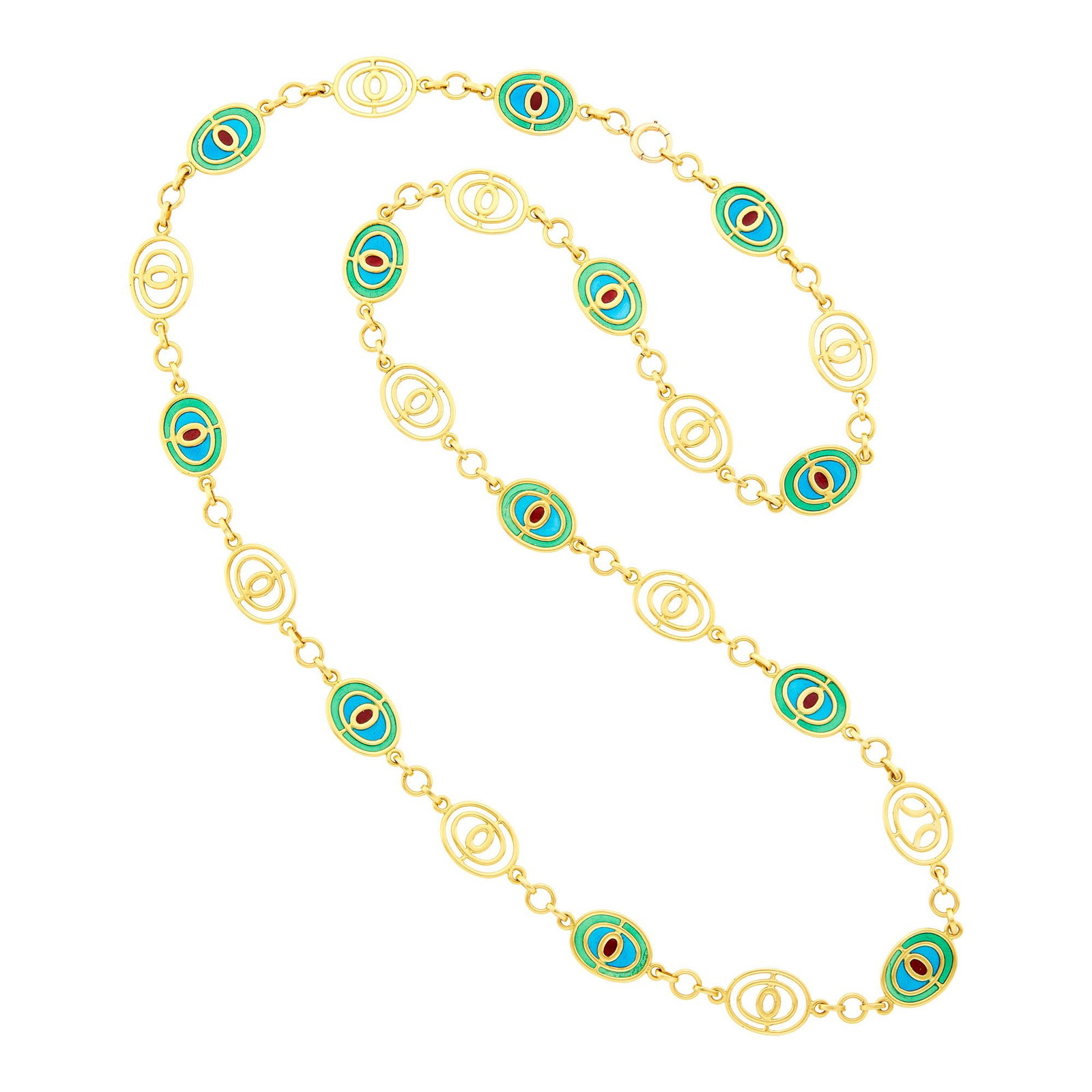 Long Gold and Plique-à-Jour Enamel Chain Necklace: à18 kt., green, blue and red plique-a-jour enamel, ap. 39.4 dwts. Length 34 inches. Link widths 5/8 inch.