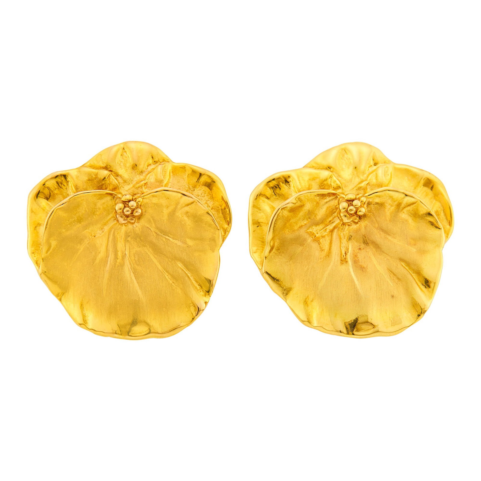 Pair of Gold Flower Earclips: Test as 14 kt. Clip-backs with bent posts. 1 3/8 x 1 7/16 inches.