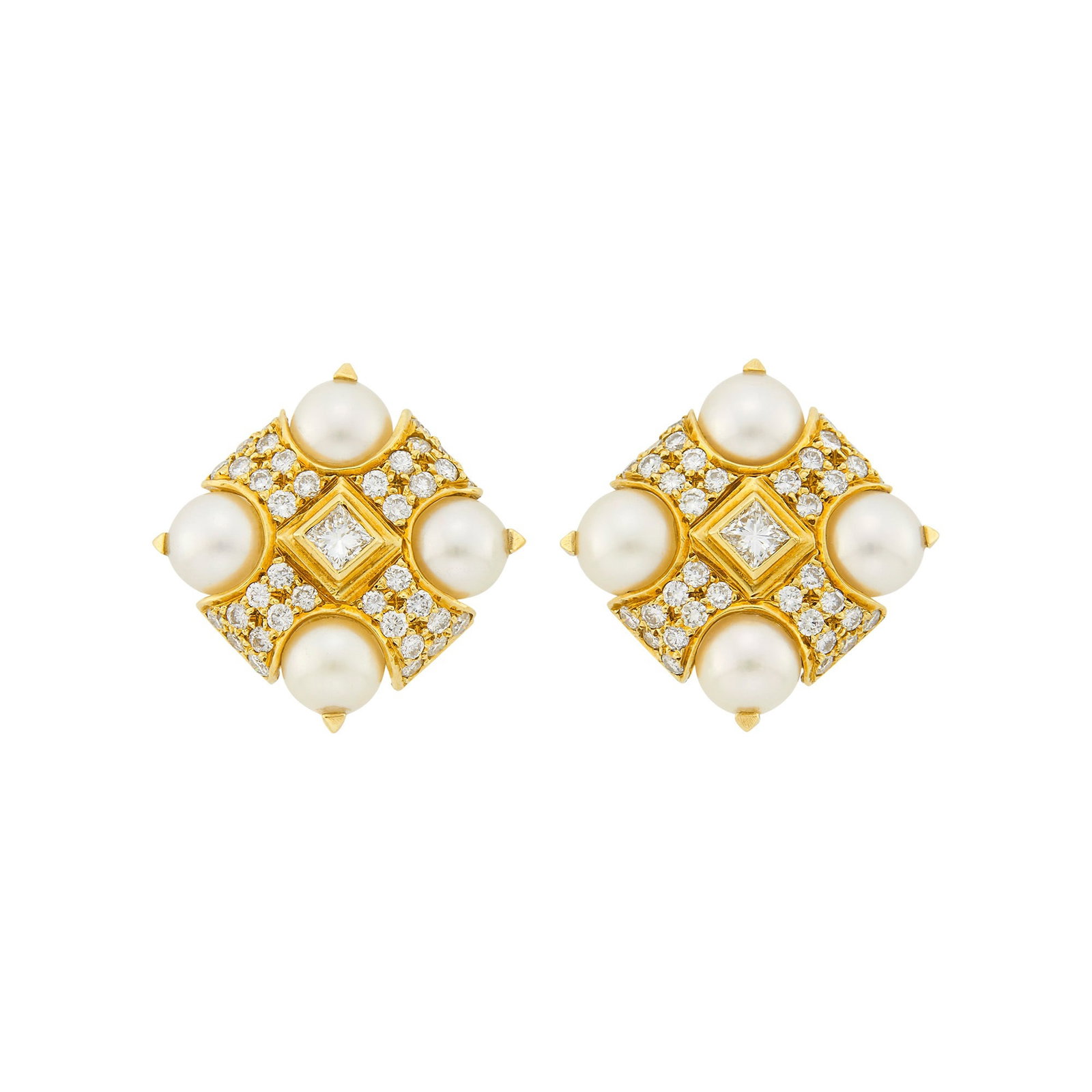 Pair of Gold, Cultured Pearl and Diamond Earclips: 18 kt., 8 pearls ap. 7.3 mm., 2 princess-cut diamonds ap. .40 ct., 72 round diamonds ap. 1.85 cts., ap. 11.8 dwts. gross. Pearls: whitish, rose and green orient, few minor dimples at backs, good lust