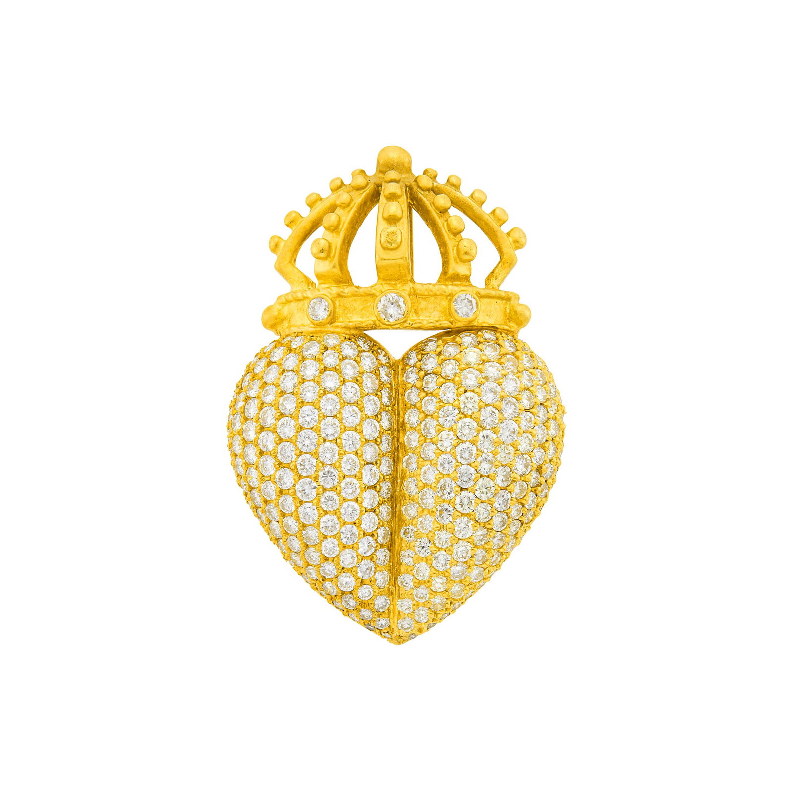 Gold and Diamond Heart and Crown Pendant-Brooch: 18 kt., 245 round diamonds ap. 6.80 cts., ap. 15.4 dwts. Diamonds: H-I-VS. 1 7/8 x 1 1/4 inches.