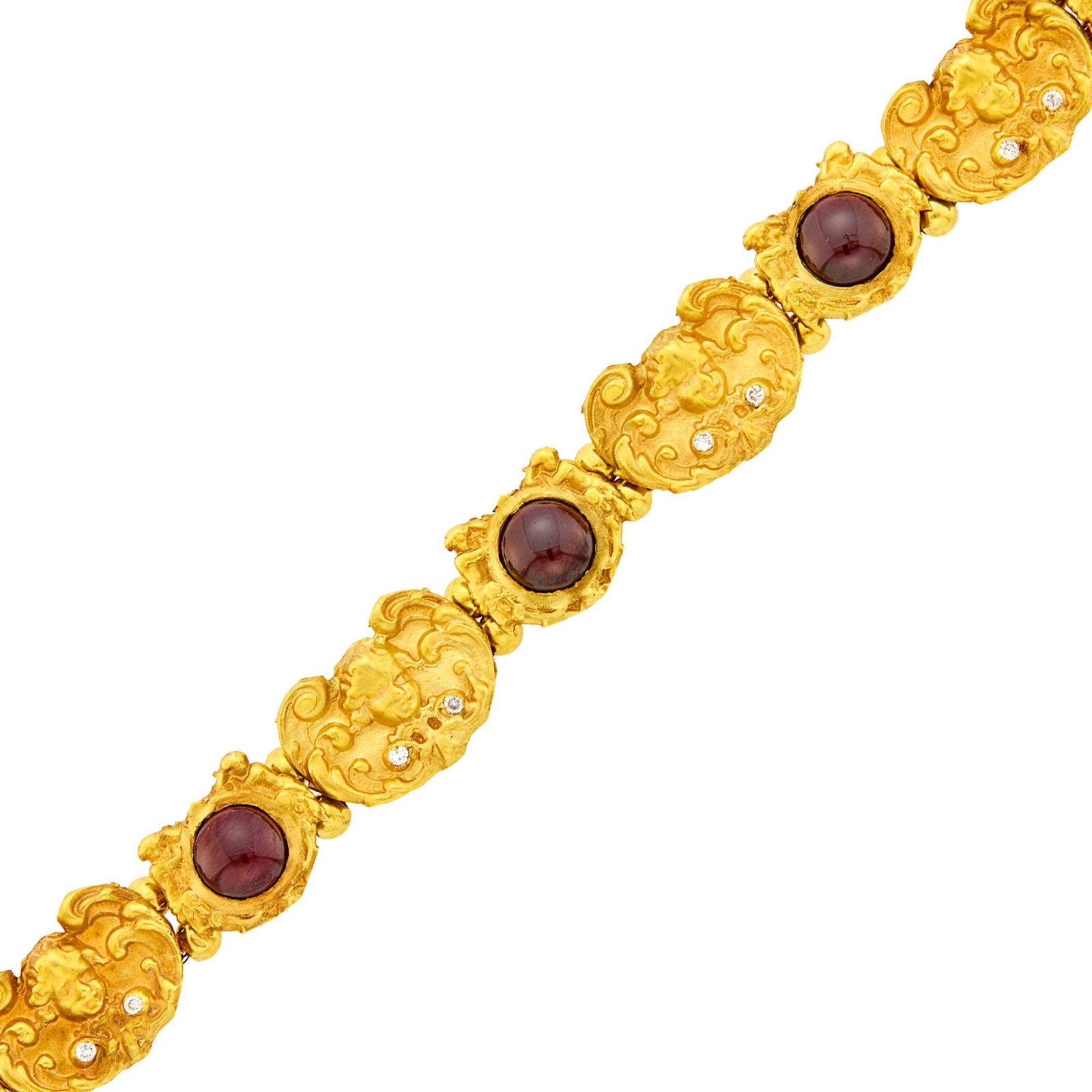 Art Nouveau Gold, Cabochon Garnet and Diamond Bracelet: 14 kt., 5 round cabochon garnets, 8 small old-mine cut diamonds, four scrolled cherub links, circa 1900, ap. 25.3 dwts. Length 6 3/4 inches. Garnets: deep rose, cleanish to slightly included, translu