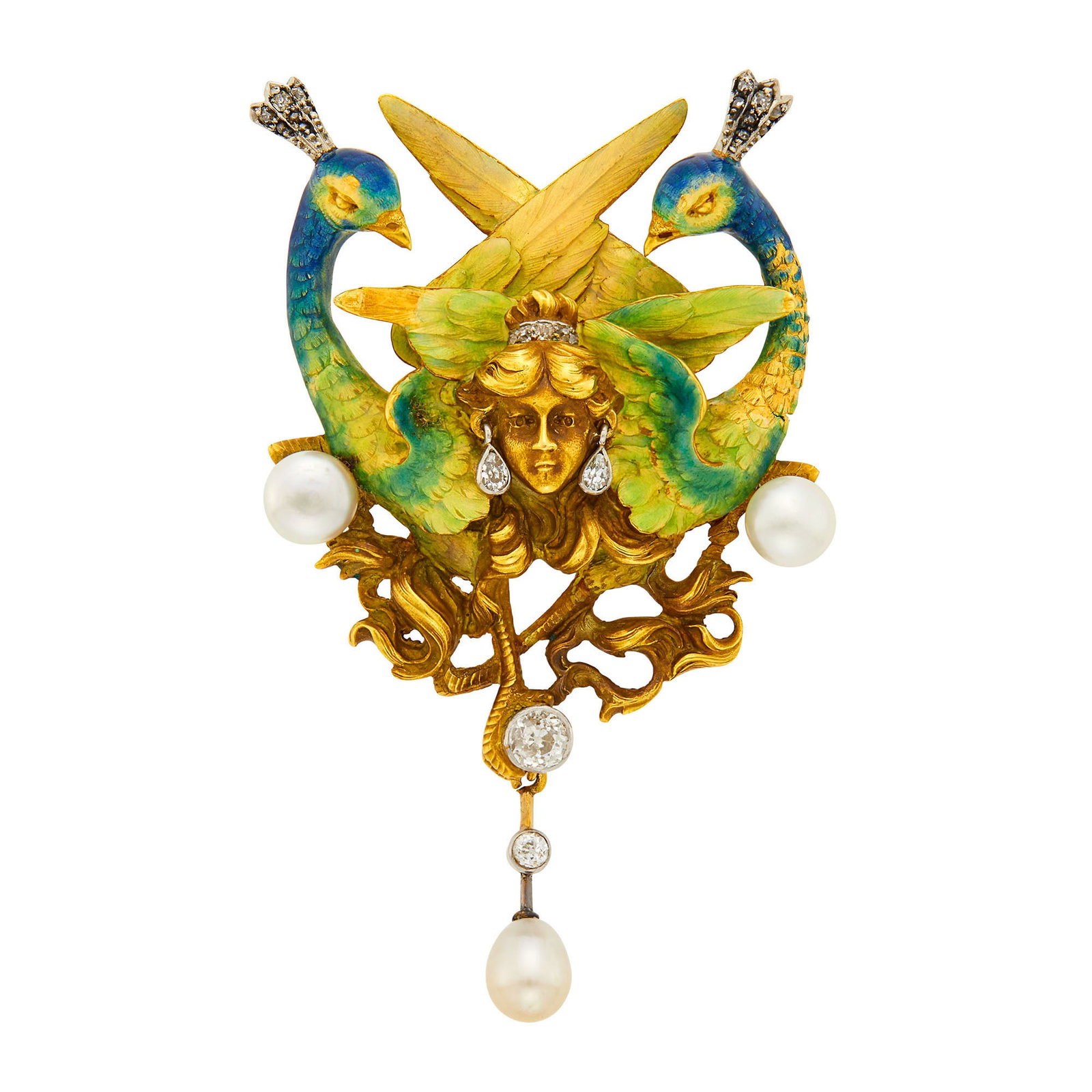 Art Nouveau Gold, Enamel, Diamond and Pearl Brooch: 2 old-mine-cut and 2 pear-shaped diamonds ap. .25 ct., rose-cut diamonds, 2 freshwater button pearls ap. 6.0 mm., one drop-shaped pearl ap. 7.0 x 56 mm., circa 1900, enamel loss, ap. 21.3 dwts. Tests
