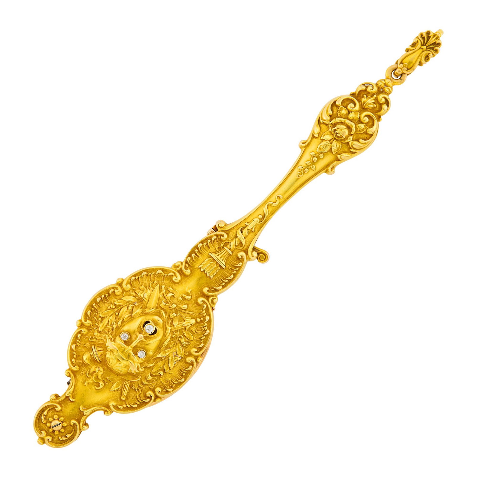 Antique Gold and Diamond Lorgnette: 14 kt., 3 small old European-cut diamonds, c. 1900, with personal engraving on reverse, ap. 20 dwts. gross. 5 1/8 x 1 1/8 inches.