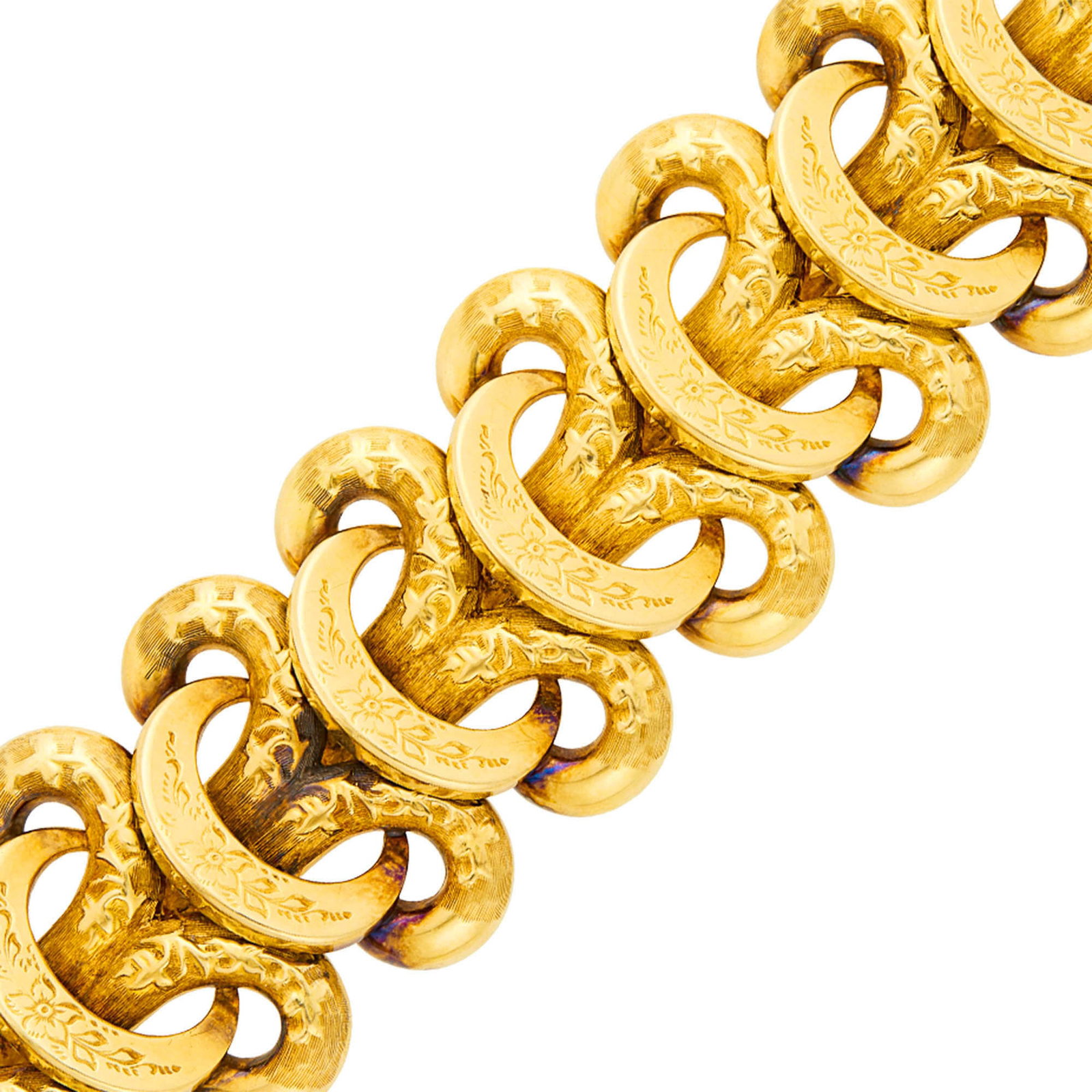 Antique Wide Gold Link Bracelet: Circa 1850, ap. 38.6 dwts. Length 7 inches. Tests as 14 kt. Width 1 3/8 inches.