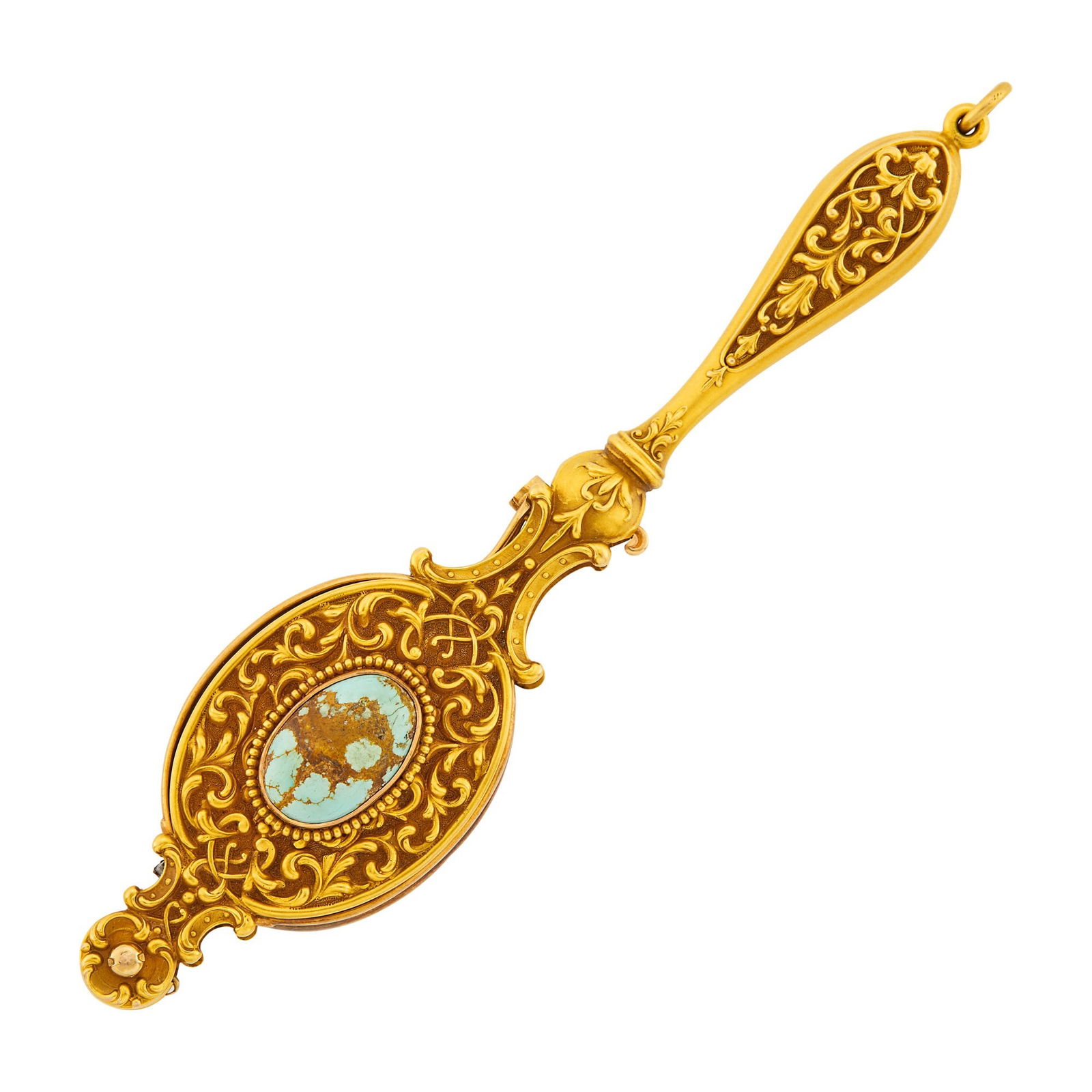 Antique Gold and Turquoise Lorgnette: 14 kt., one oval cabochon matrix turquoise ap. 16.0 x 10.7 mm., c. 1900, personal engraving