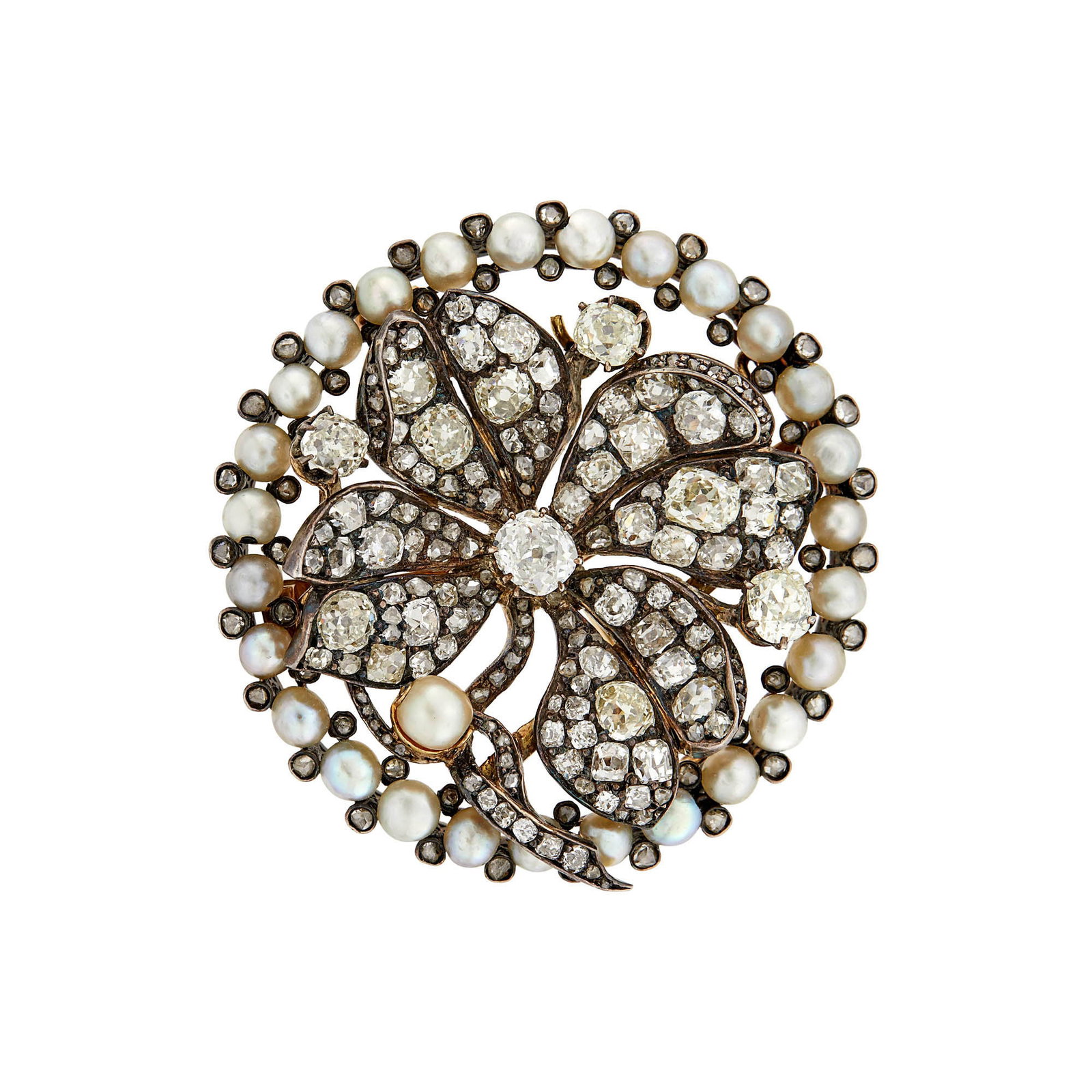 Antique Silver, Gold, Pearl and Diamond Pendant-Brooch: One cushion-shaped old mine-cut diamond ap. .75 ct., 3 cushion-shaped old-mine cut diamonds ap. 1.10 cts., cushion-shaped and old-mine cut diamonds ap. 5.50 cts., one pearl ap. 4.7 mm., 27 pearls ap.