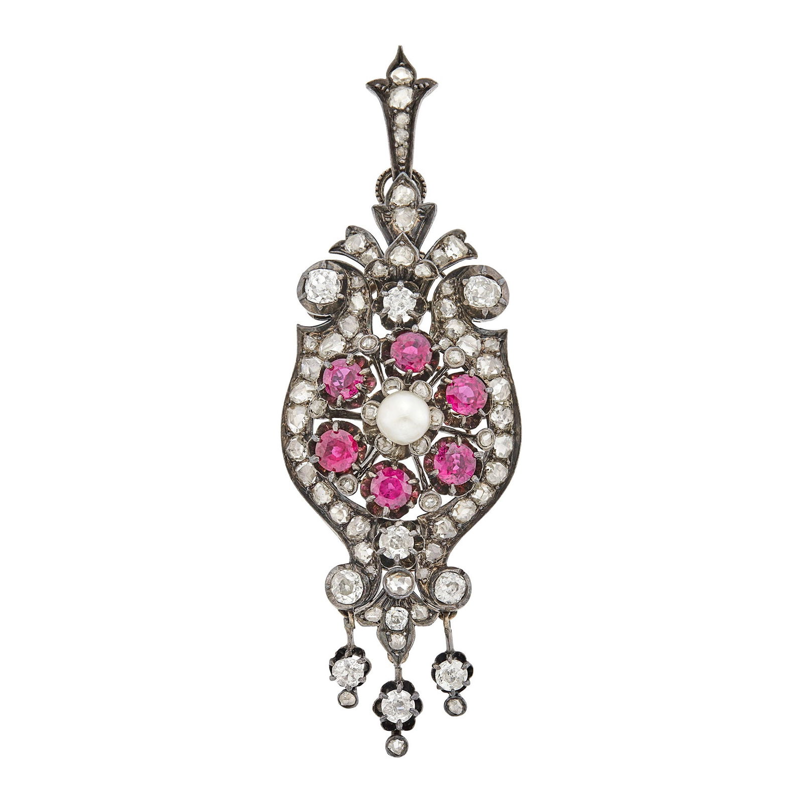 Antique Silver, Gold, Ruby, Pearl and Diamond Pendant-Brooch: 6 round rubies ap. 2.75 cts., one pearl ap. 5.5 mm., 9 old mine cut diamonds ap. 1.45 cts., rose-cut diamonds, ap. 15 dwts. Tests as 14 kt. Pearl: creamy with rose and green orient, out-of-round, goo