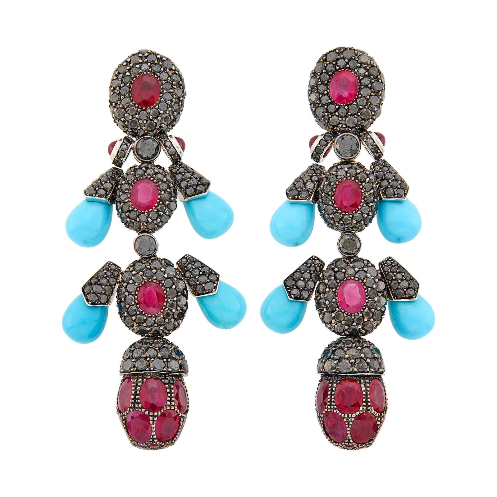 De Grisogono Pair of White and Blackened Gold, Ruby, Turquoise and Black Diamond Pendant-Earclips: 30 oval rubies ap. 18.75 cts., 14 small round and 4 cabochon rubies, 8 turquoise drop-shaped beads, round black diamonds, signed de Grisogono, Geneve, no. B3039, ap. 40 dwts. gross Tests as 18 kt. Ru