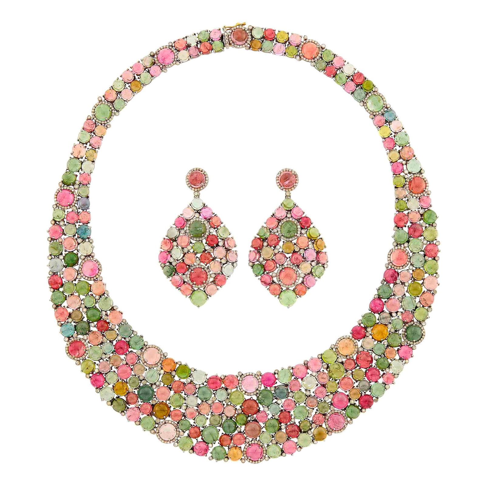 Silver, Cabochon Gem-Set and Diamond Necklace and Pair of Pendant-Earrings: Vari-sized round cabochon pink, green, yellow and orange tourmalines ap. 7.0 to 4.6 mm., single-cut diamonds, ap. 102 dwts. gross. Length 16 inches. 14 kt. gold posts and inner clasp. Tourmalines: li