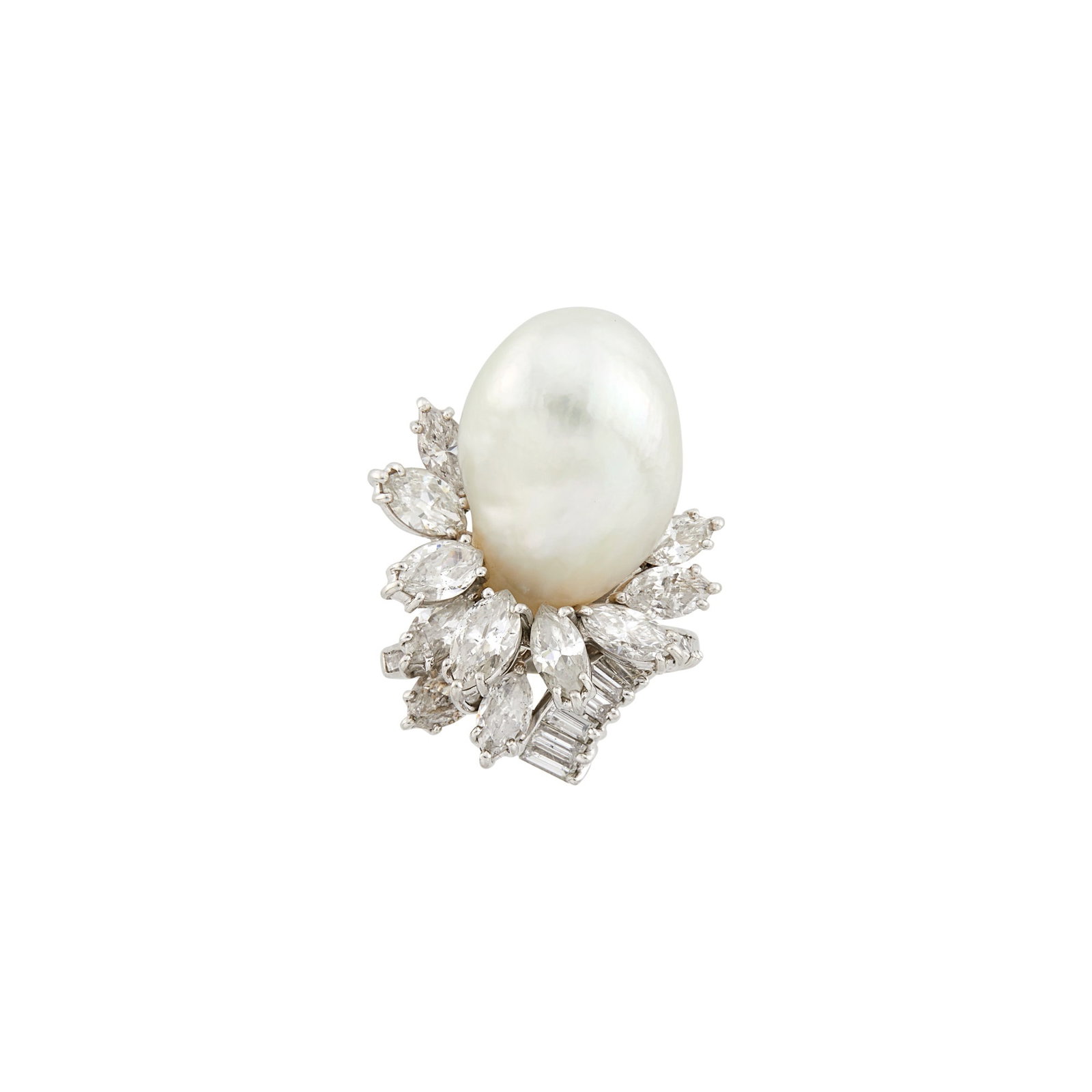 Platinum, Baroque South Sea Cultured Pearl and Diamond Ring: One baroque pearl ap. 22.0 x 15.6 mm., 10 marquise-shaped diamonds ap. 4.25 cts., 17 baguette-shaped diamonds ap. 1.40 cts., ap. 12 dwts. gross. Size 8 1/2. Pearl: white with visible rose and green o